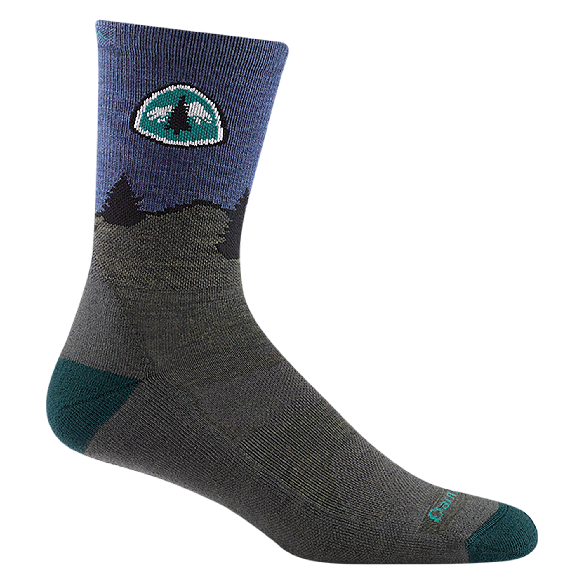 1999 unisex PTC micro crew hiking sock in color gray with black toe/heel accents, blue calf, and black tree detailing