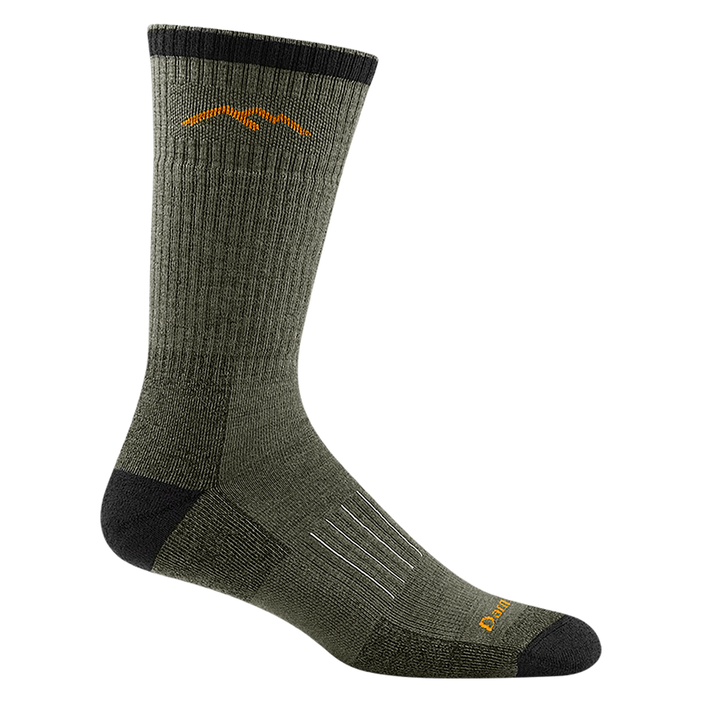 2011 unisex hunting boot sock in color forest green toe/heel accents and orange mountain detail on calf