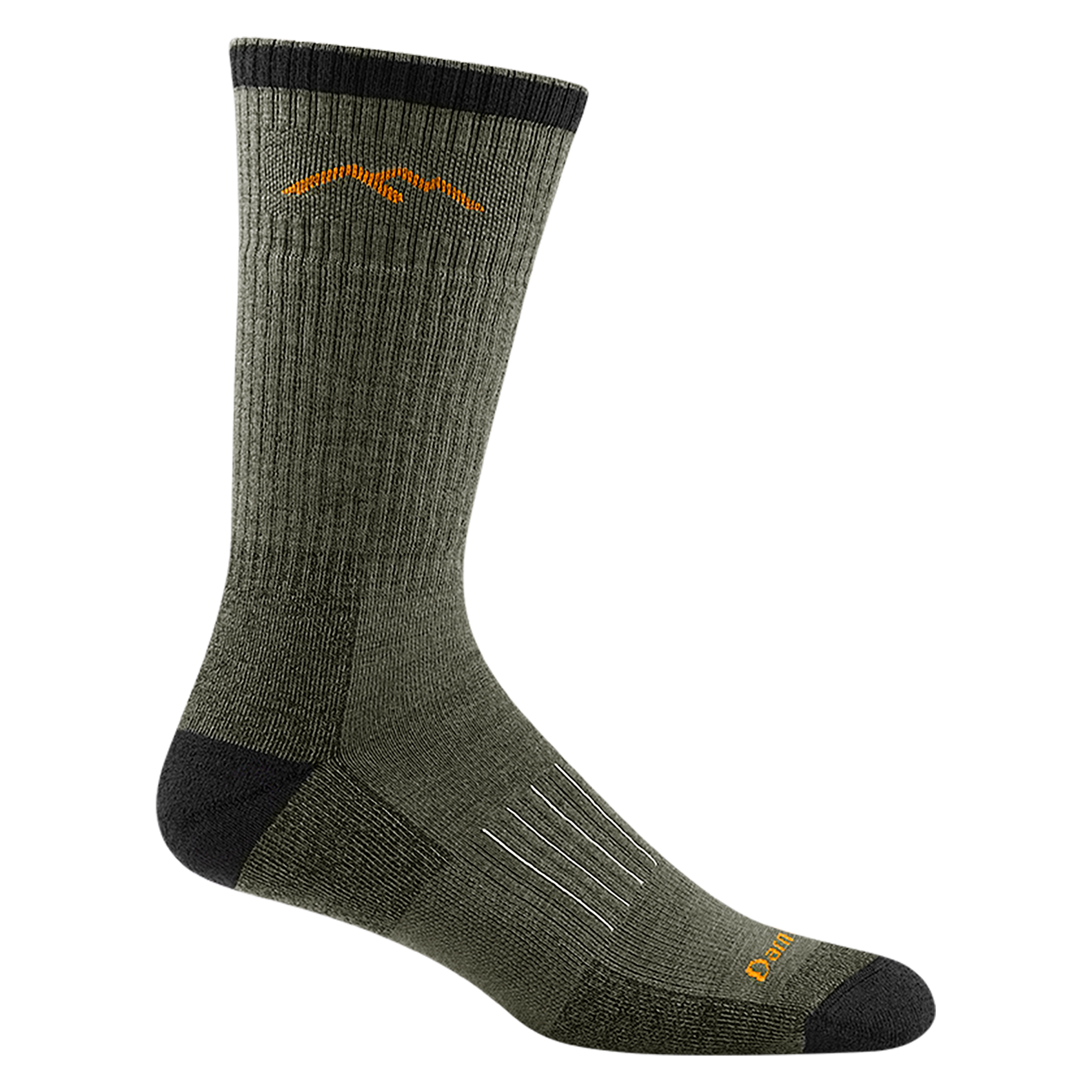 2011 unisex hunting boot sock in color forest green toe/heel accents and orange mountain detail on calf