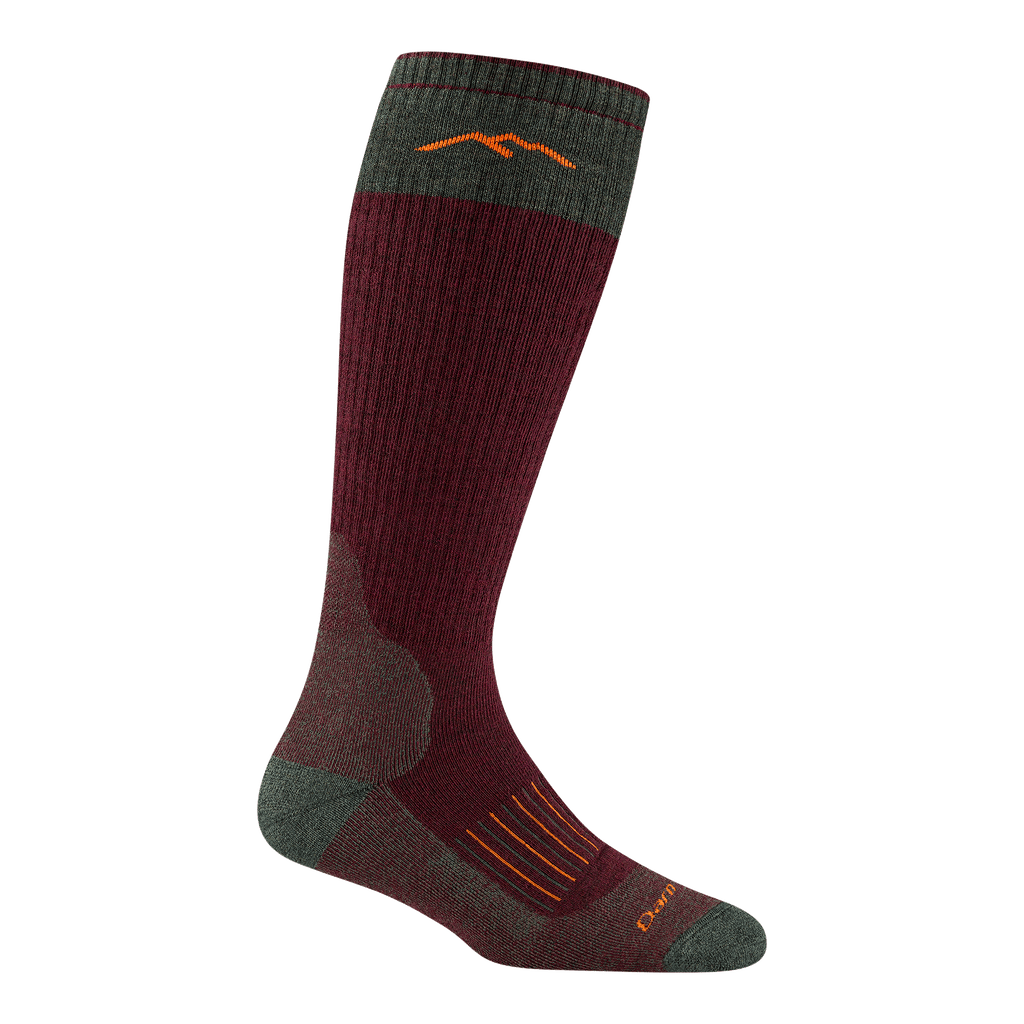 2105 women's hunting over the calf sock in ember with heather green toe/heel and color block on top-half of calf with orange logo and striping on top of foot