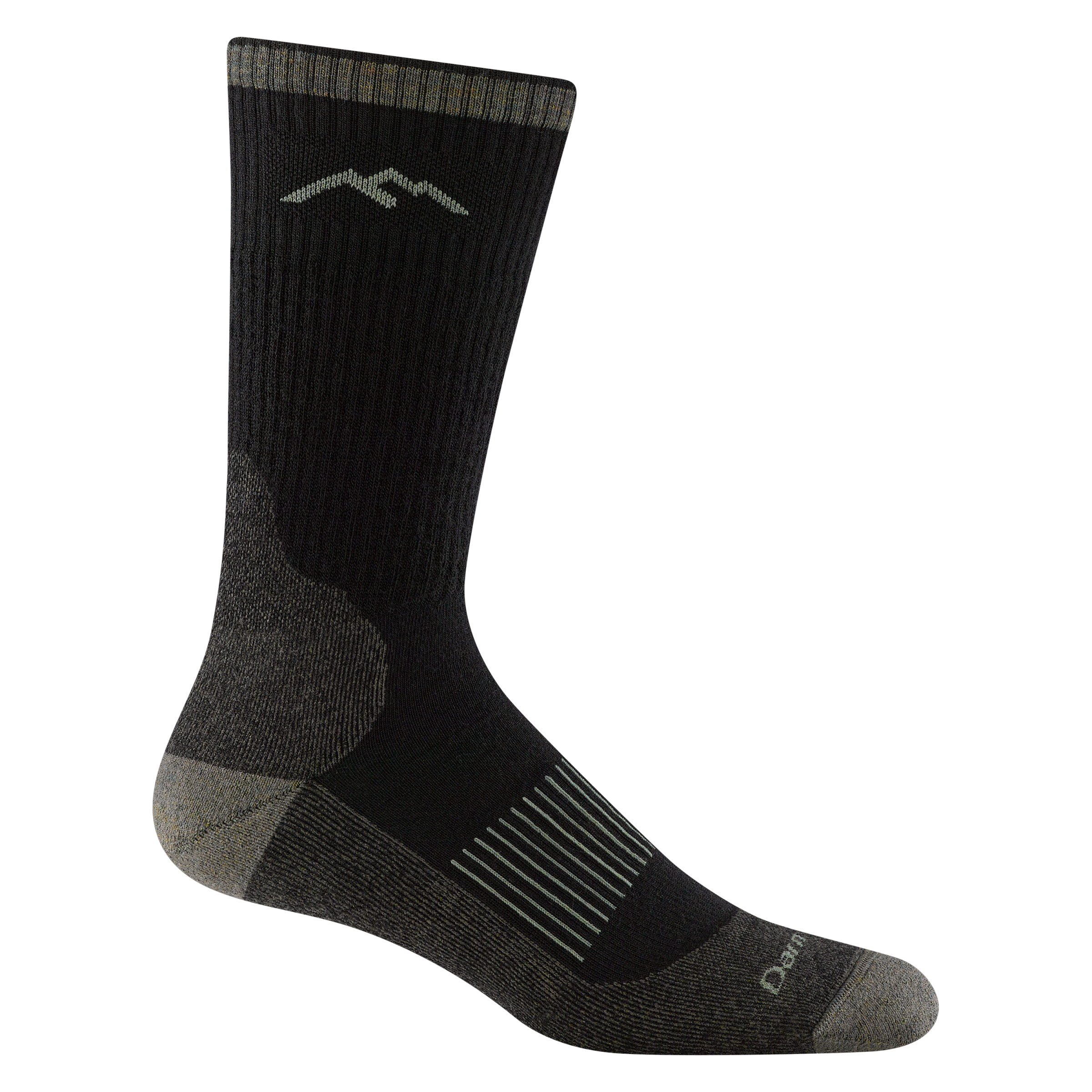 Product shot of 2111 Men's Hunting Midweight Boot Sock with cushion in Charcoal colorway featuring black body and grey toe, heel, cuff, and venting accents. 