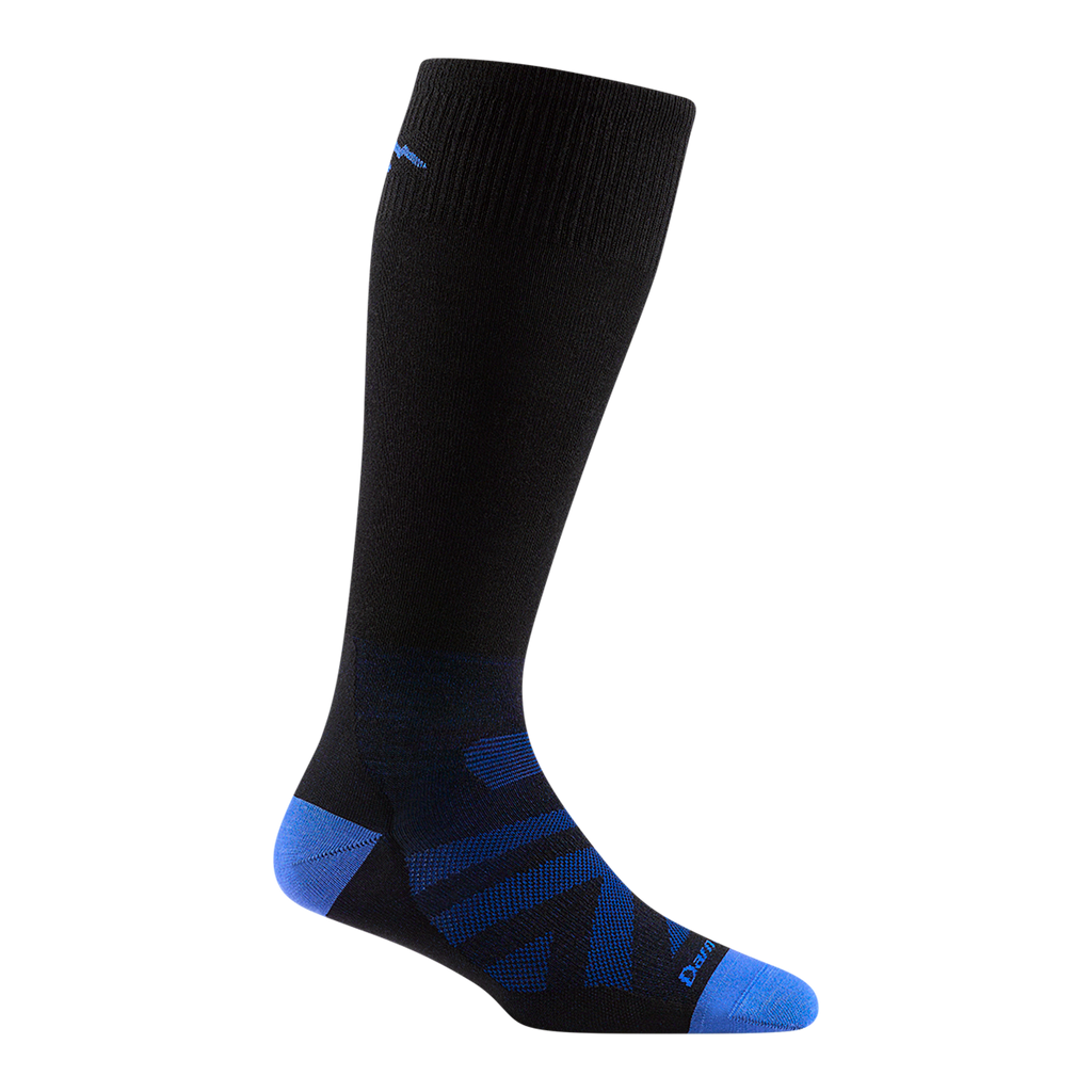 3034 kids RFL over-the-calf ski sock in color black with bright blue toe/heel accents and chevron detail on the forefoot