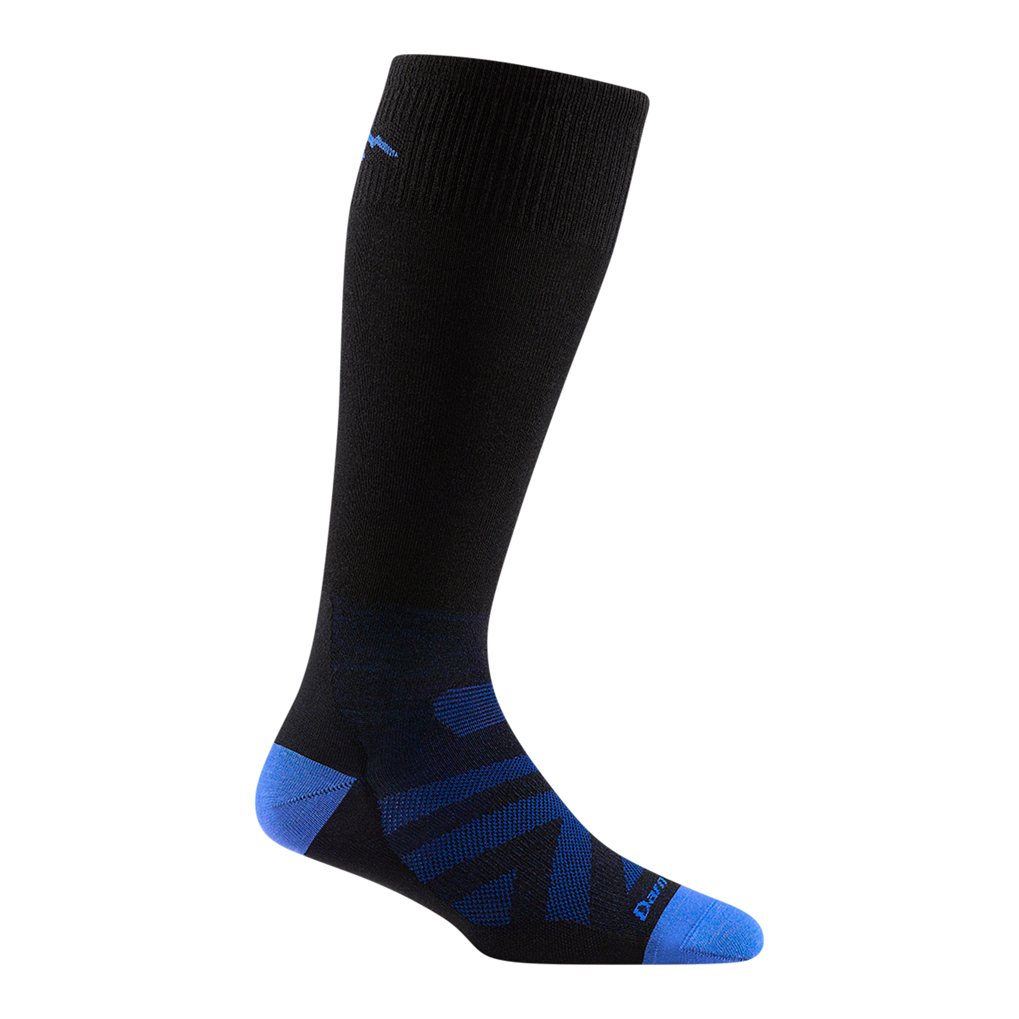 3034 kids RFL over-the-calf ski sock in color black with bright blue toe/heel accents and chevron detail on the forefoot