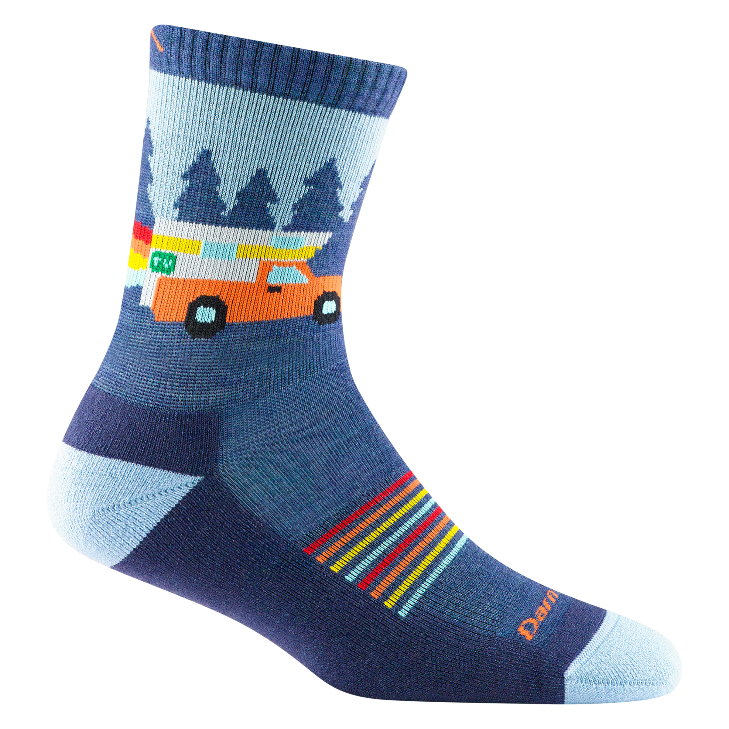 Reverse side of kids van wild micro crew hiking sock in color denim blue with orange car detail on ankle