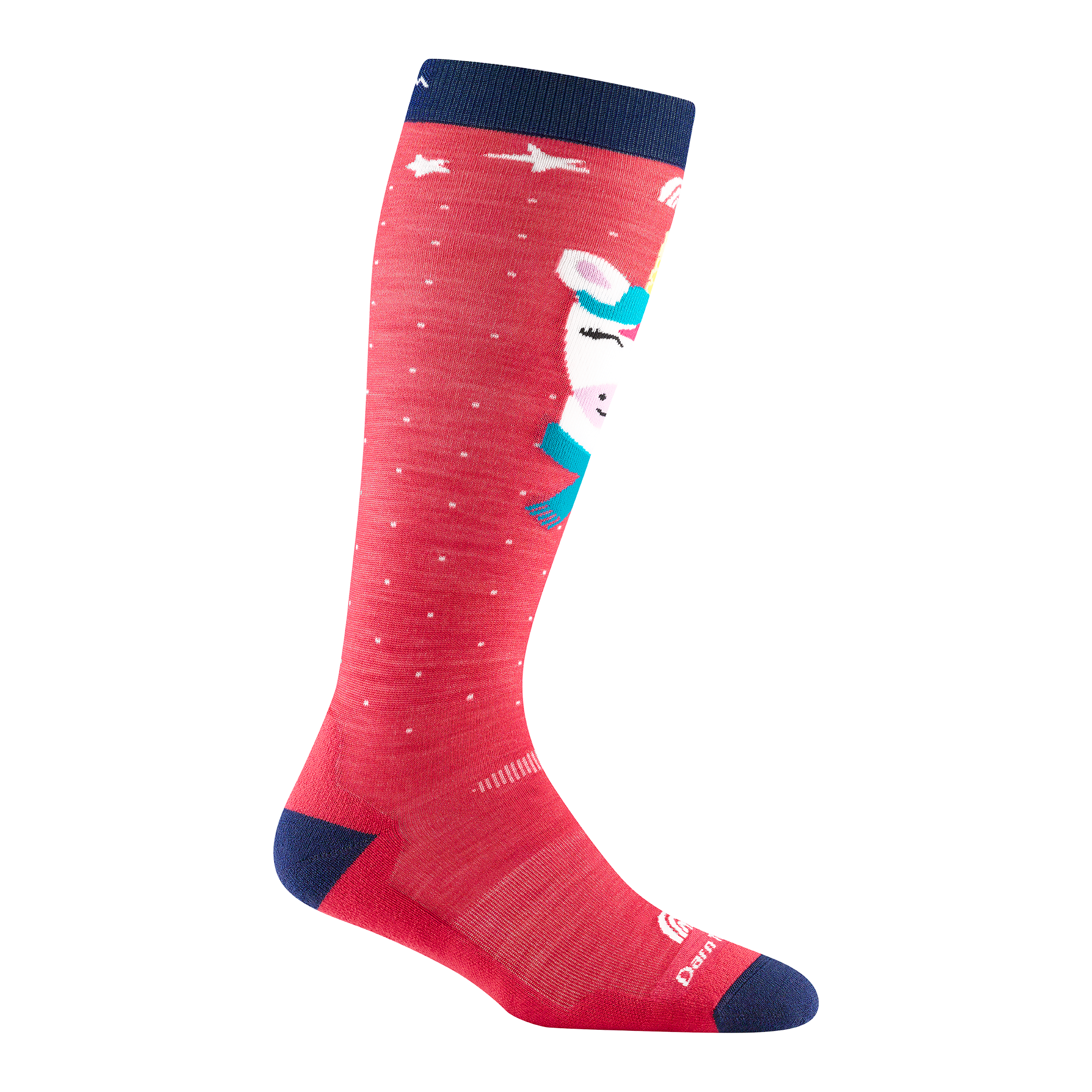 3807 kid's magic mountain over-the-calf ski sock in raspberry red with navy toe/heel accents and white unicorn on shin
