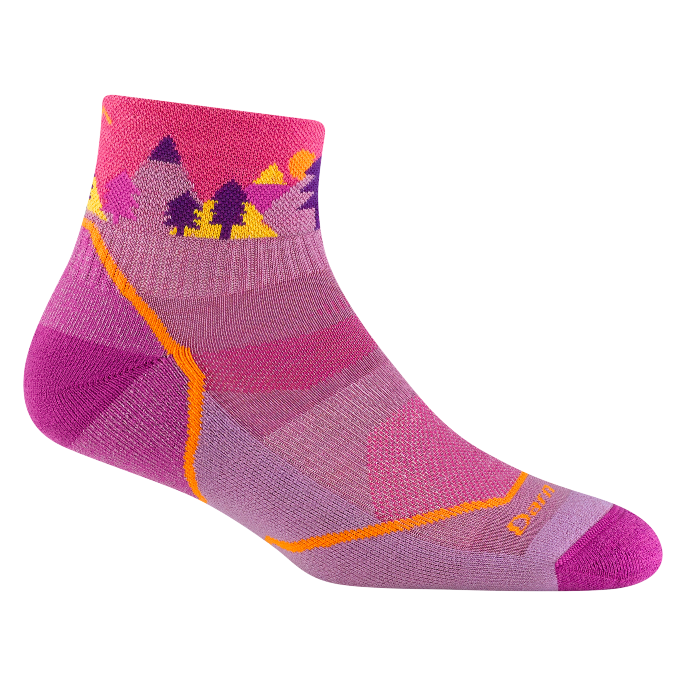 3041 juniors quest quarter hiking sock in violet with pink toe/heel accents and pink and purple tree ankle detailing