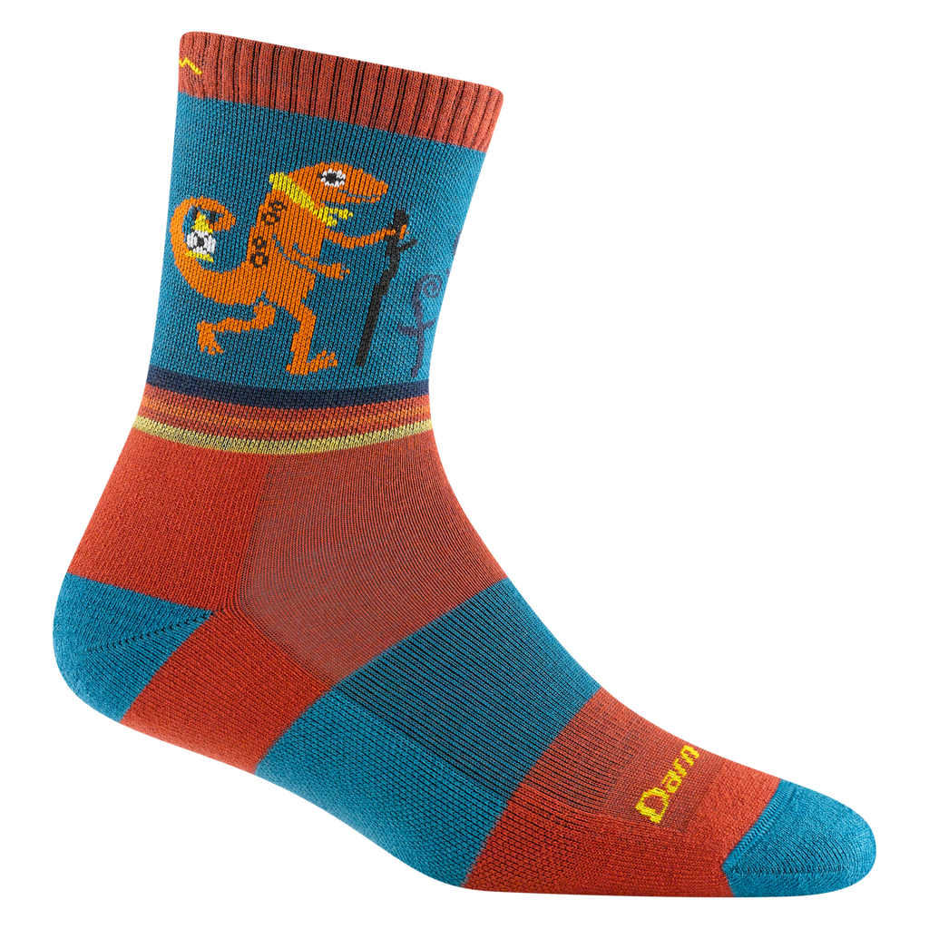3043 sal Micro crew in lava, featuring the teall heel/toe/ band with an orange body and a hiking lizard on the cuff