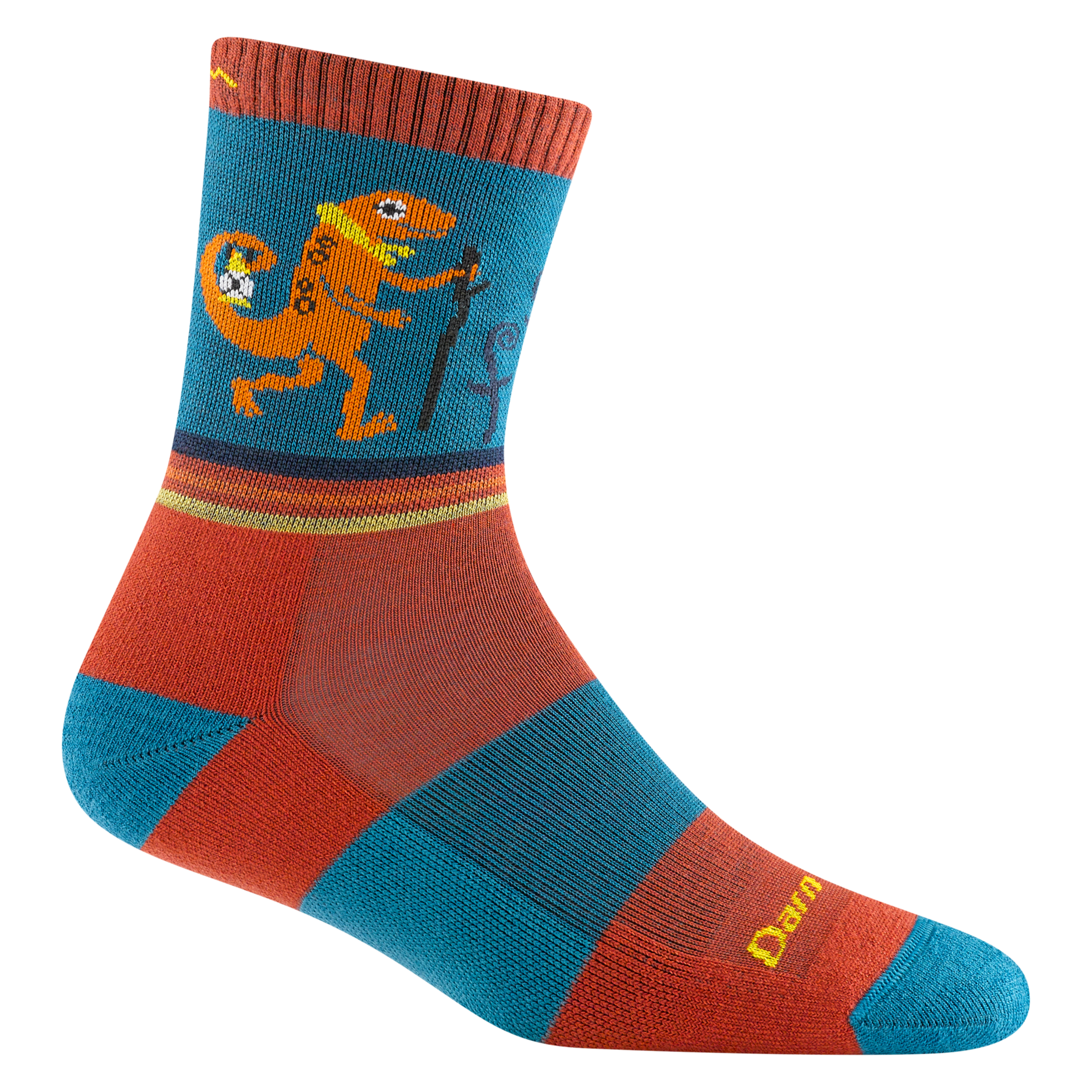 3043 sal Micro crew in lava, featuring the teall heel/toe/ band with an orange body and a hiking lizard on the cuff