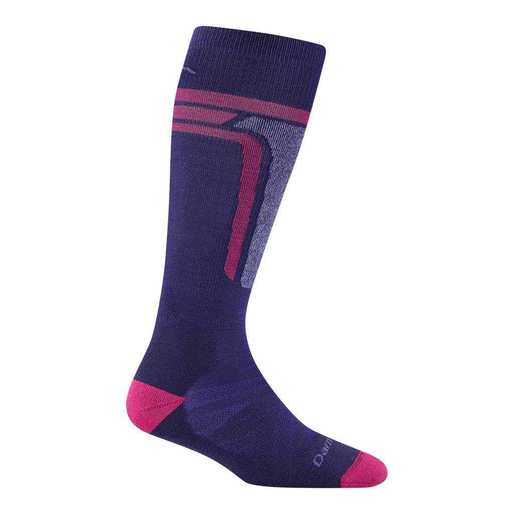 3810 T-Bar over the calf in grape featuring pink heel/toe and vertical stripe on leg