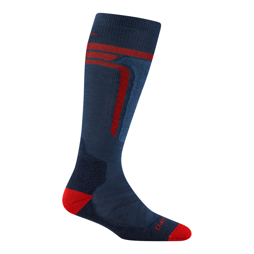 3810 T-Bar over the calf in midnight featuring red heel/toe and vertical stripe on leg 