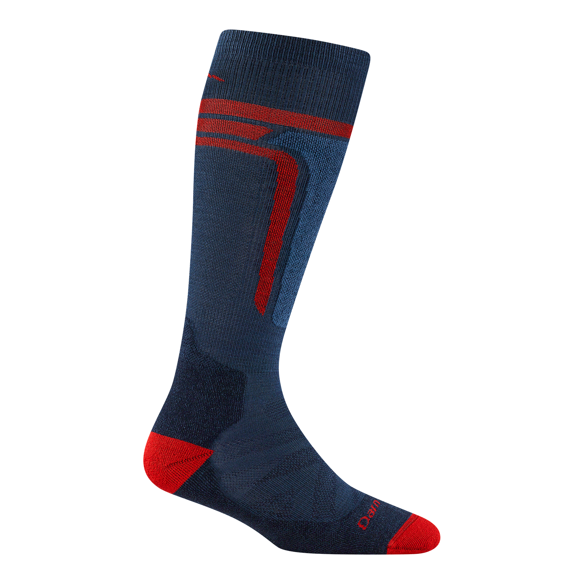 3810 T-Bar over the calf in midnight featuring red heel/toe and vertical stripe on leg 