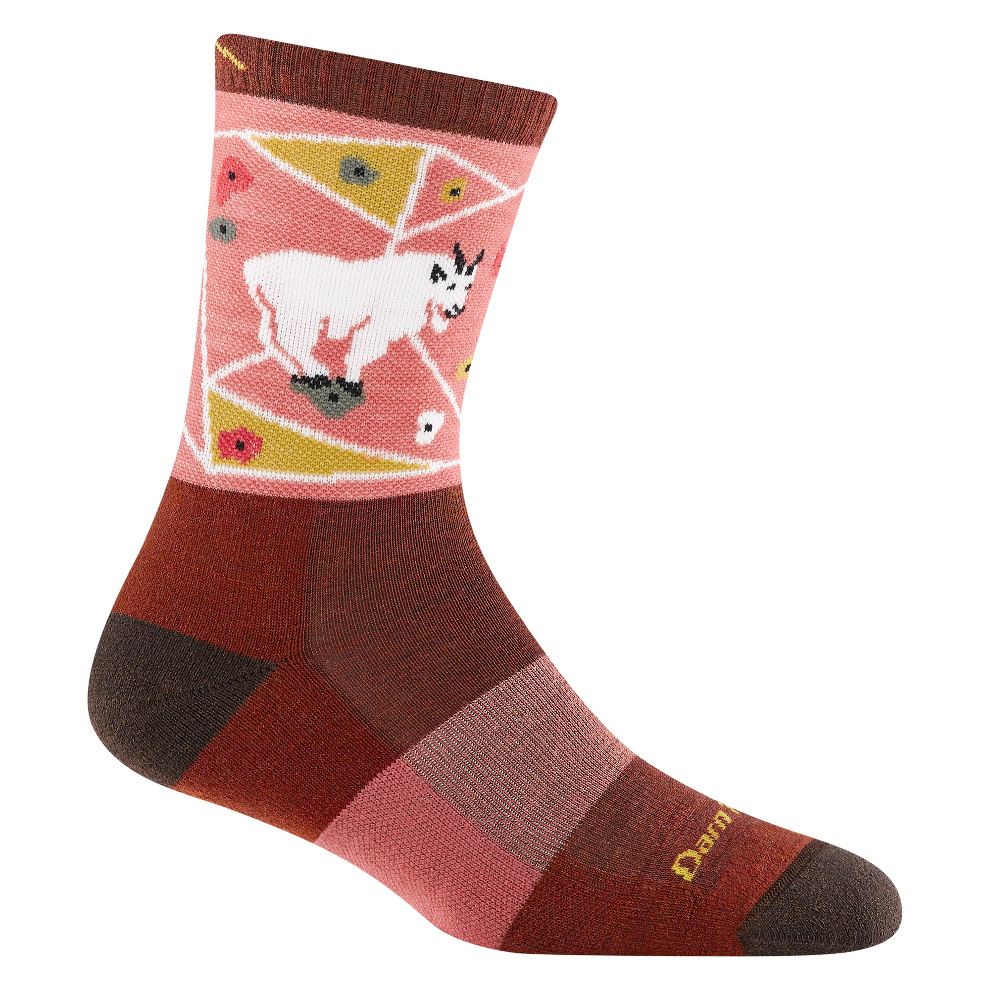 5001 women's critter club micro crew hiking sock in canyon with brown toe/heel accents and a ram on a climbing wall 