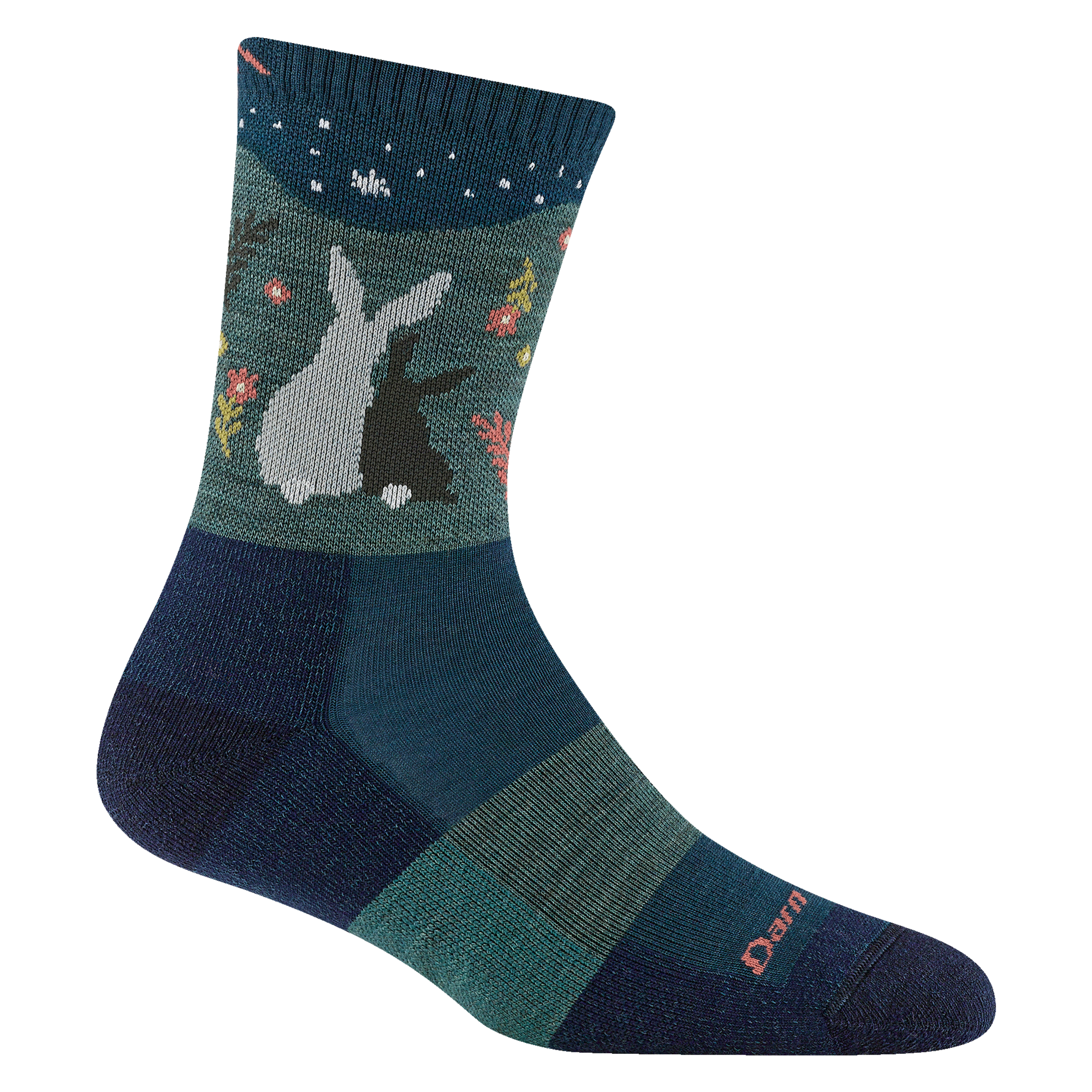 5001 women's critter club micro crew hiking sock in eclipse with navy toe/heel accents and two rabbits snuggling on the cuff