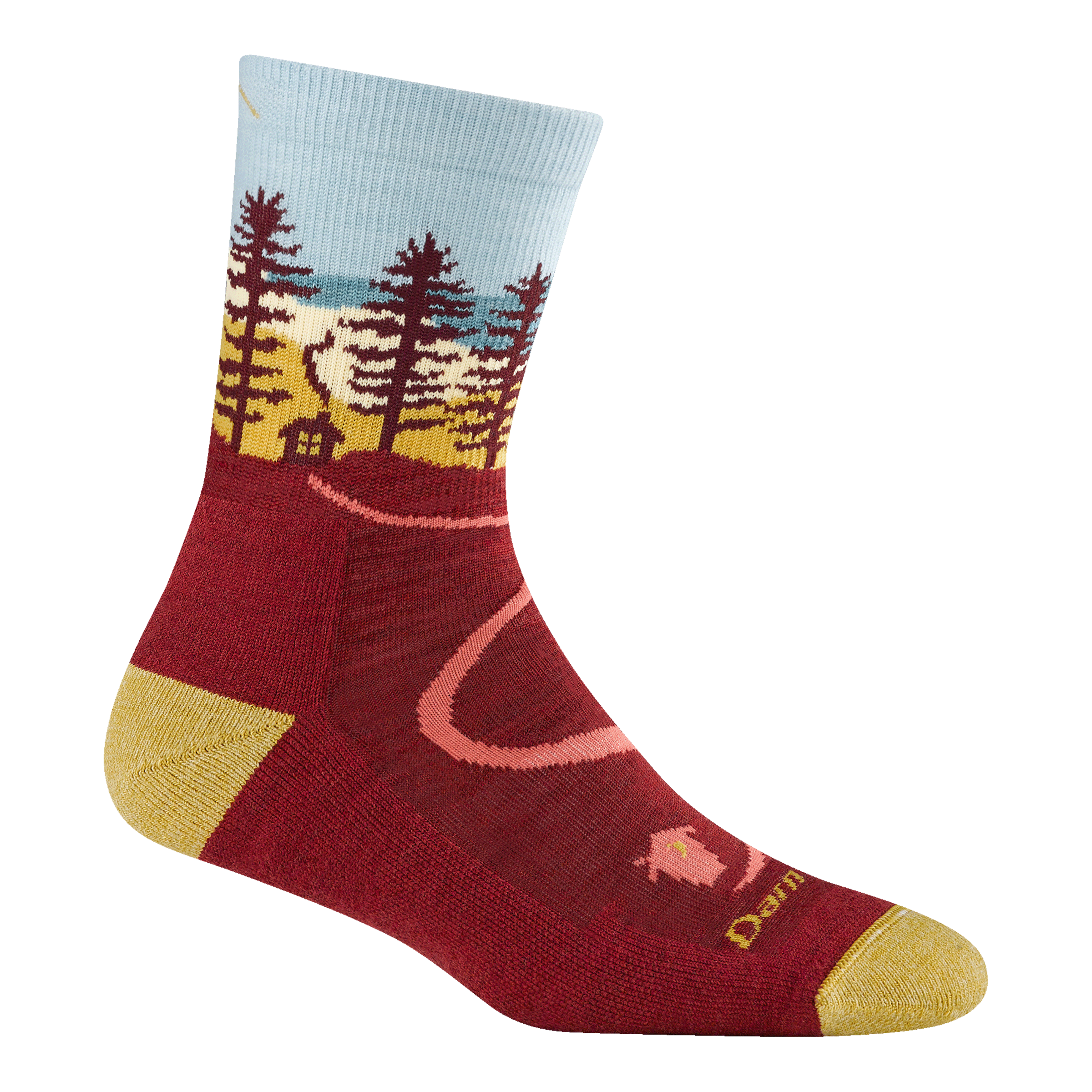 5013 women's northwoods micro crew hiking sock in berry with a yellow toe/heel accents and cabin and tree design on the ankle