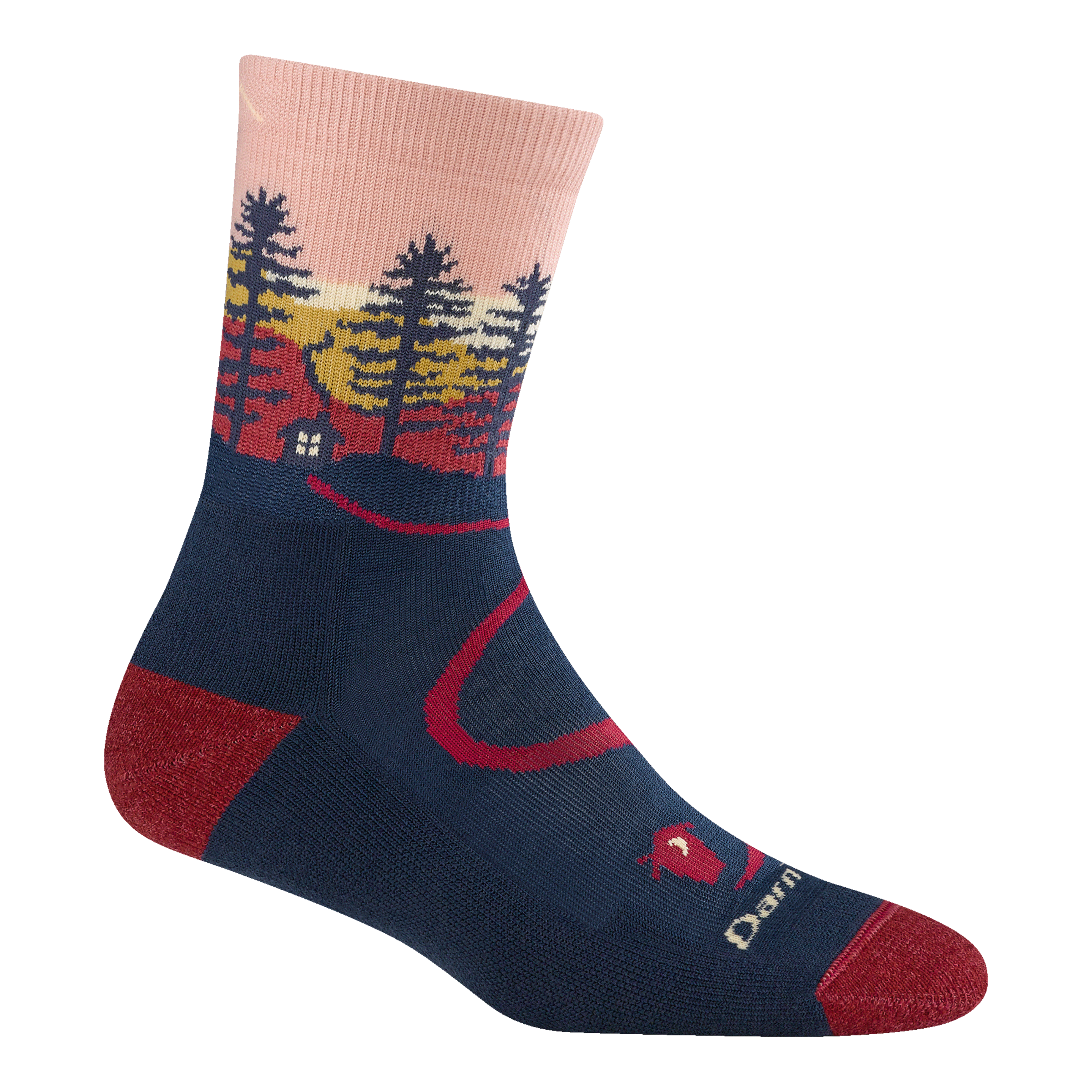 5013 women's northwoods micro crew hiking sock in dawn with a red toe/heel accents and cabin and tree design on the ankle