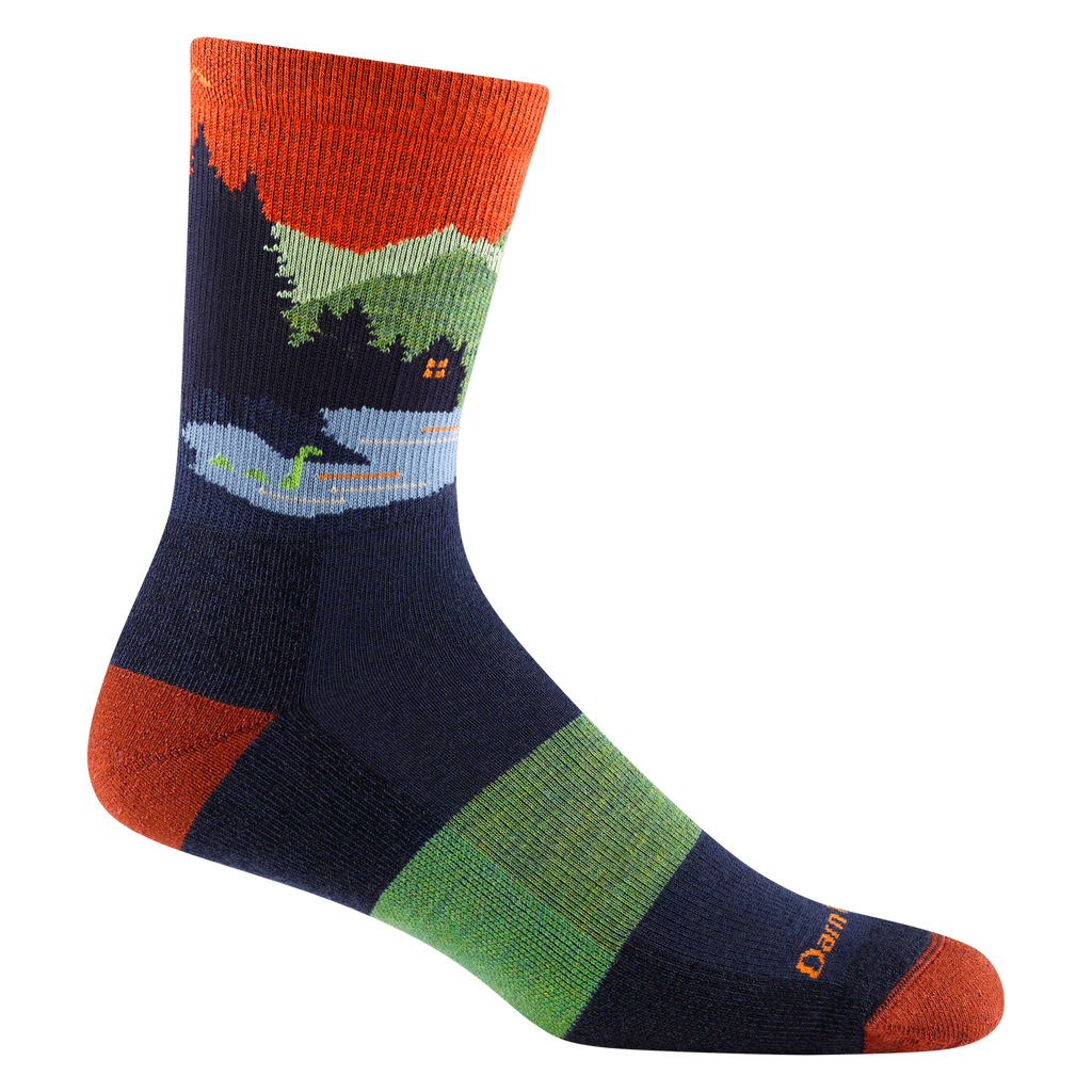 5014 Close encounter Micro crew midweight hiker in Eclipse featuring a lake cabin scene with loch ness in the water orange toe/heel