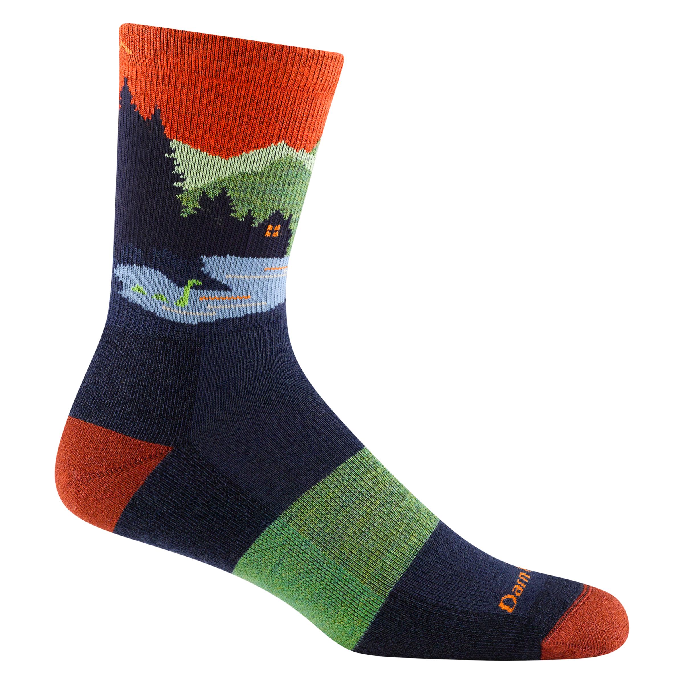 5014 Close encounter Micro crew midweight hiker in Eclipse featuring a lake cabin scene with loch ness in the water orange toe/heel
