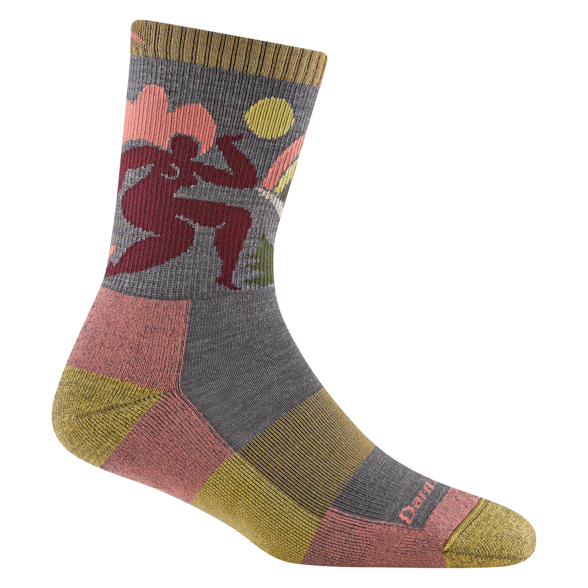 5016 Trailblazer in taupe featuring a yellow heel/toe/band and cuff, gray body color and a front body outline design
