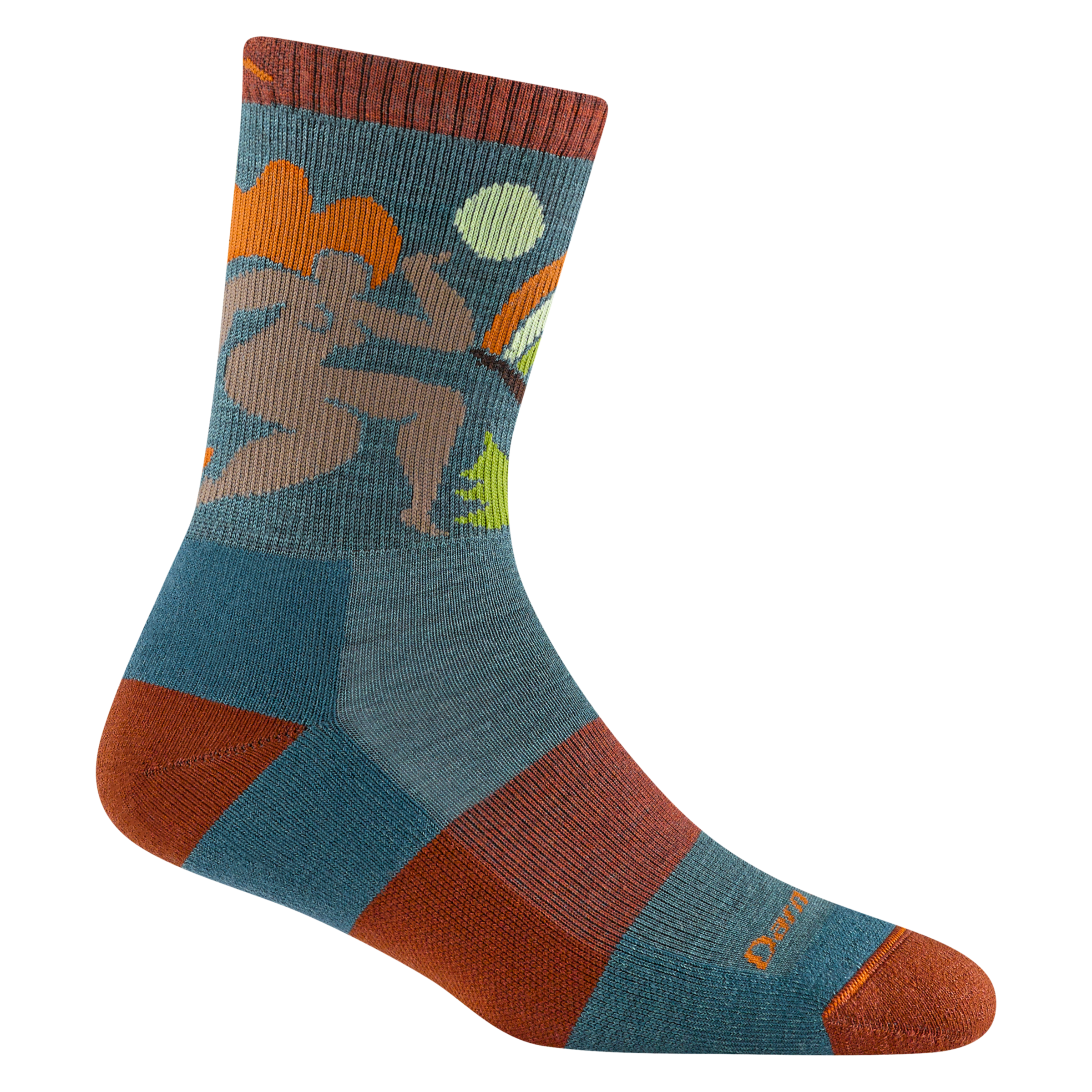 5016 Trailblazer in teal featuring a rust heel/toe/band and cuff, blue body color and a front body outline design