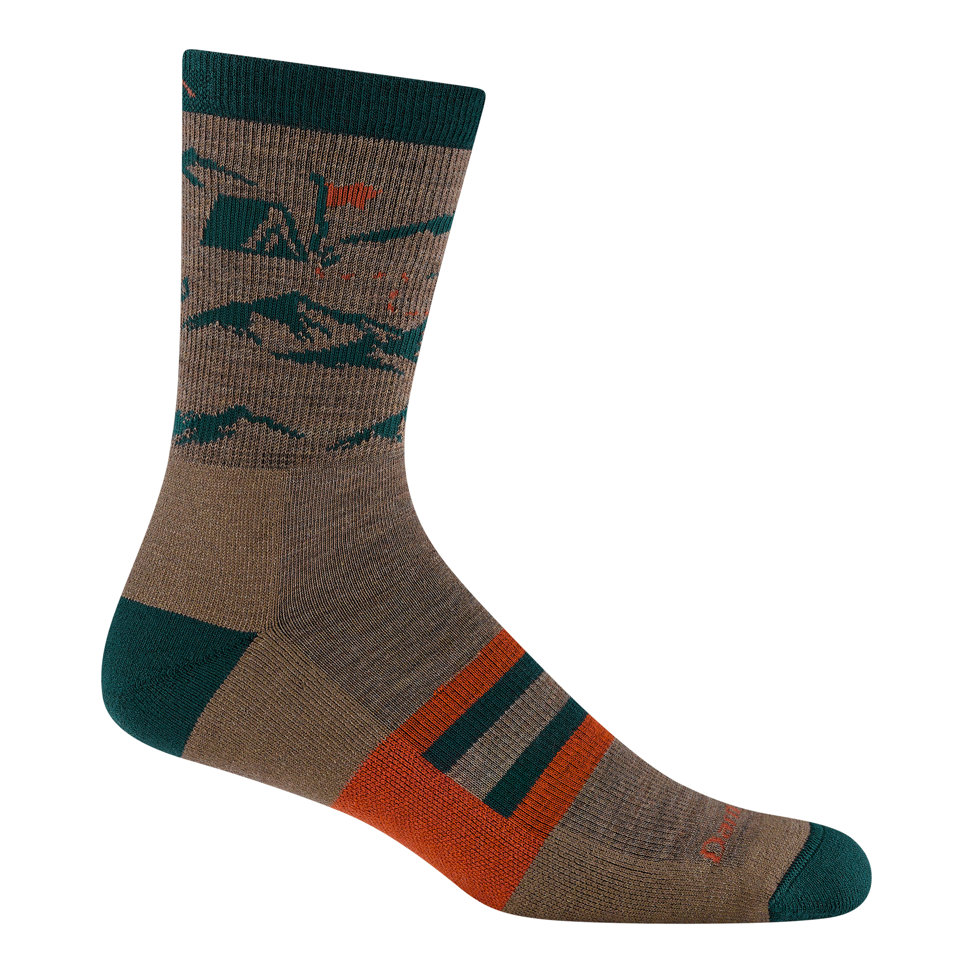 5021 hike hike hut in bark featuring mountains and tent on ankle with green heel/toe and orange logo