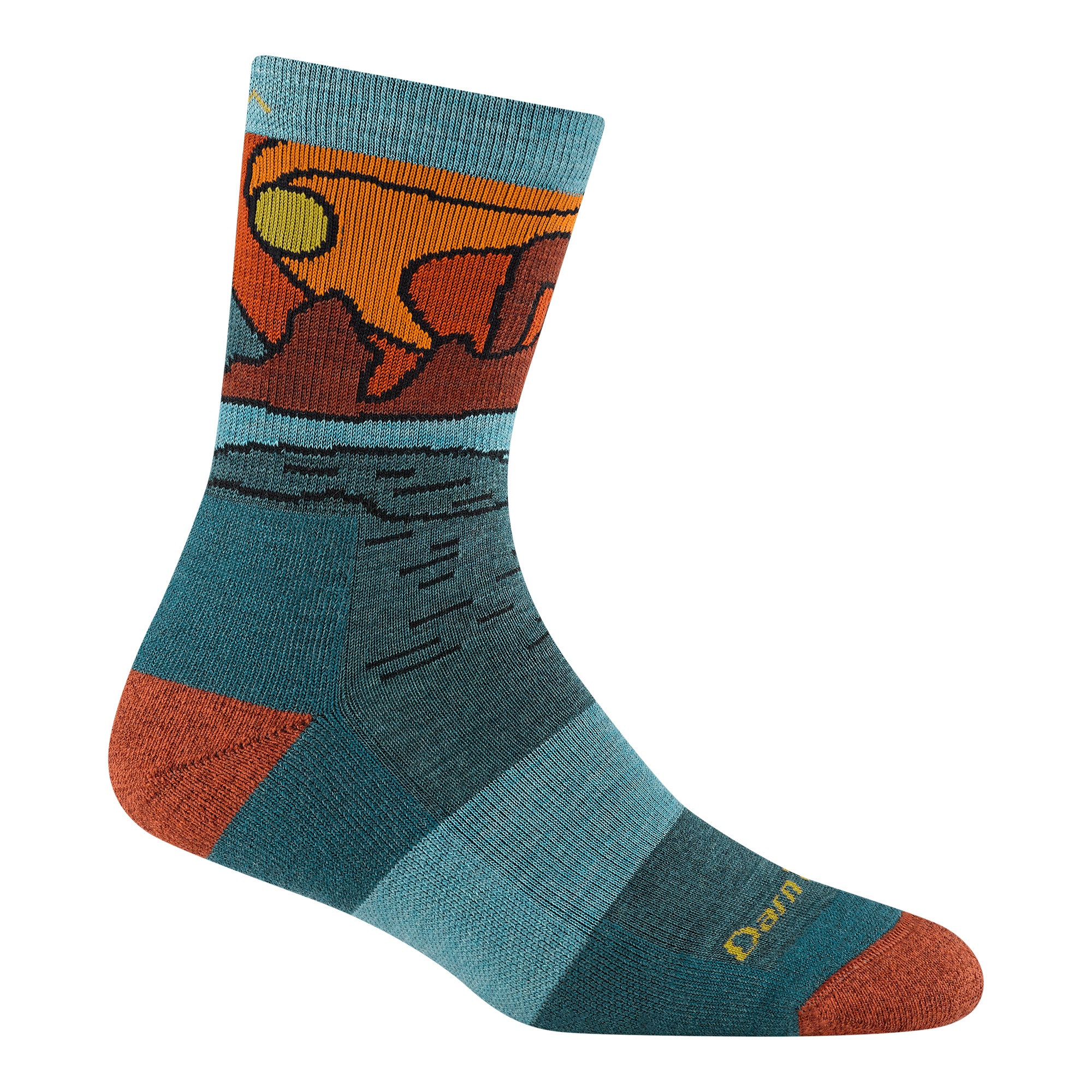 5023 Celeste micro crew in Teal featuring a blue body orange heel/toe and daytime canyon landscape on the ankle