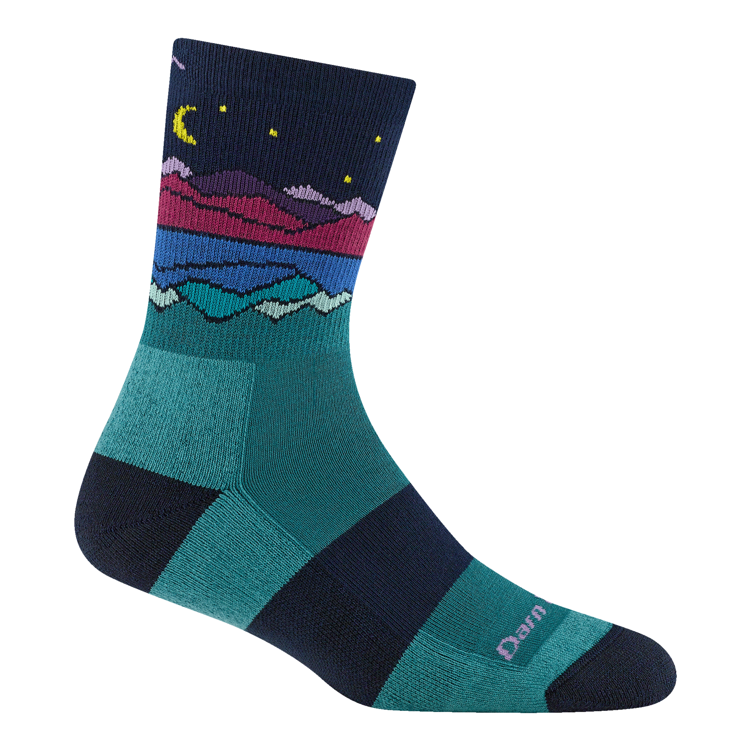 5025 MIrror Lake Coolmax midweight hiking sock in Teal featuring black heel toe and forefoot band with teal body and lake image at cuff