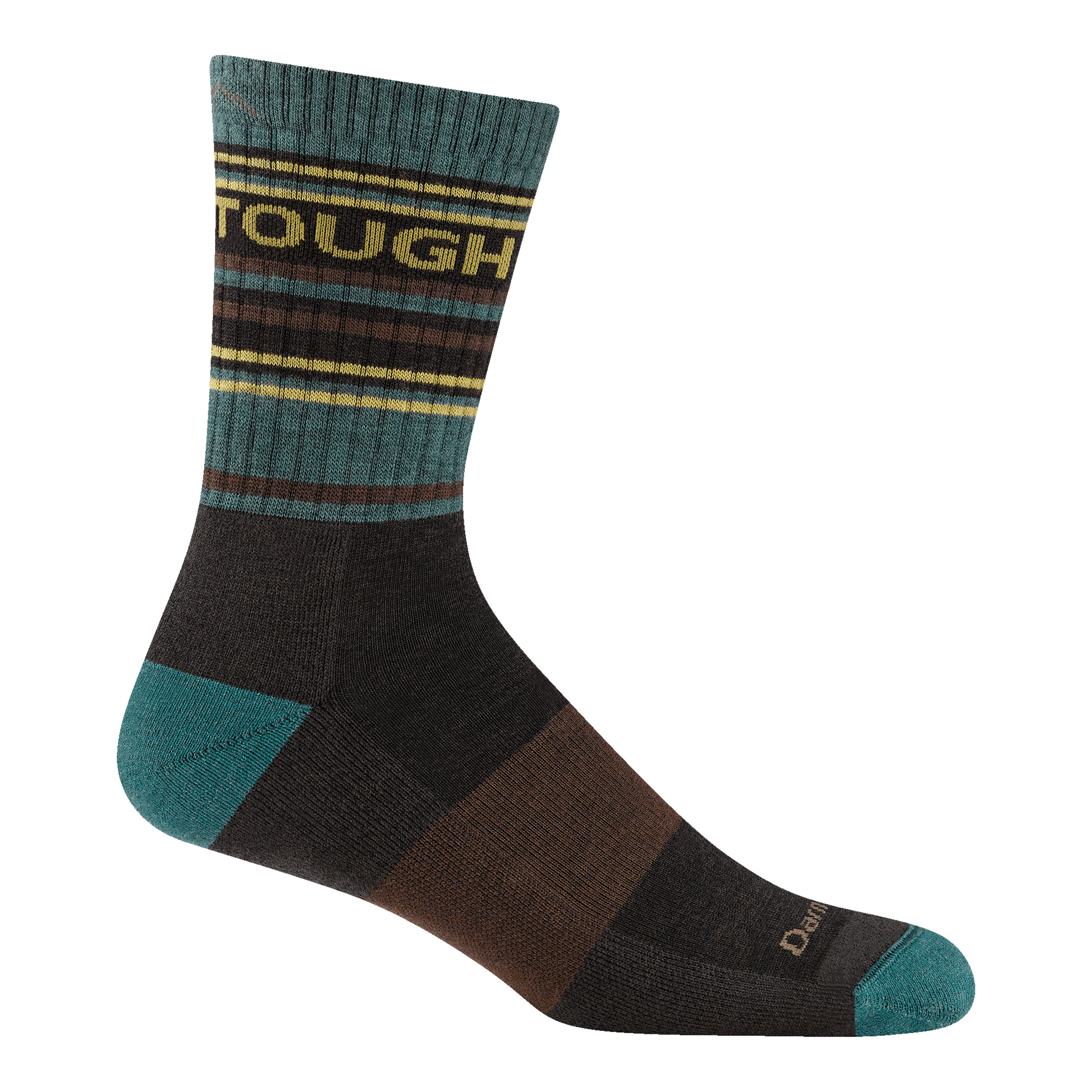 5200 Darn tough legacy sock with darn tough written on the cuff and brown body with teal heel/toe and yellow writing
