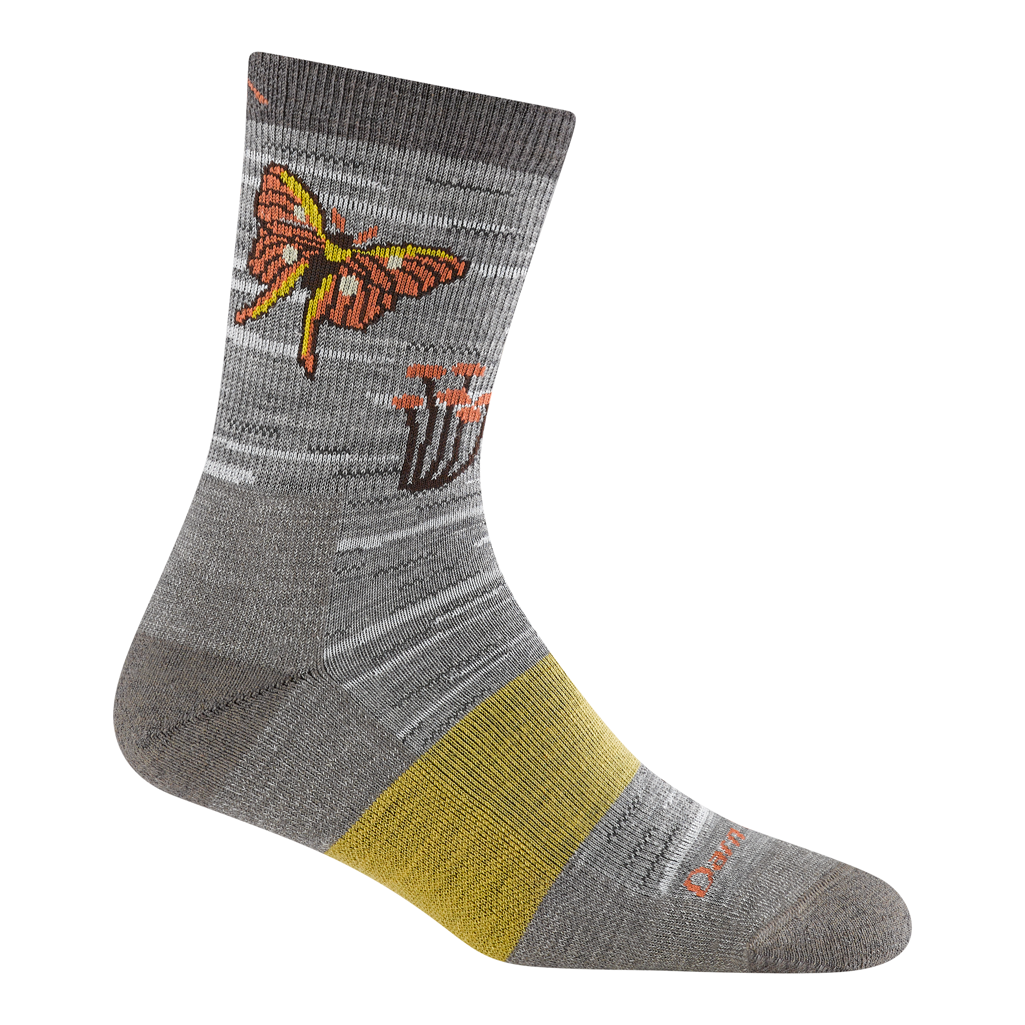 5201 wing it micro crew hiking sock featuring a gray body with yellow band on the arch with a butterfly and flowers on the cuff