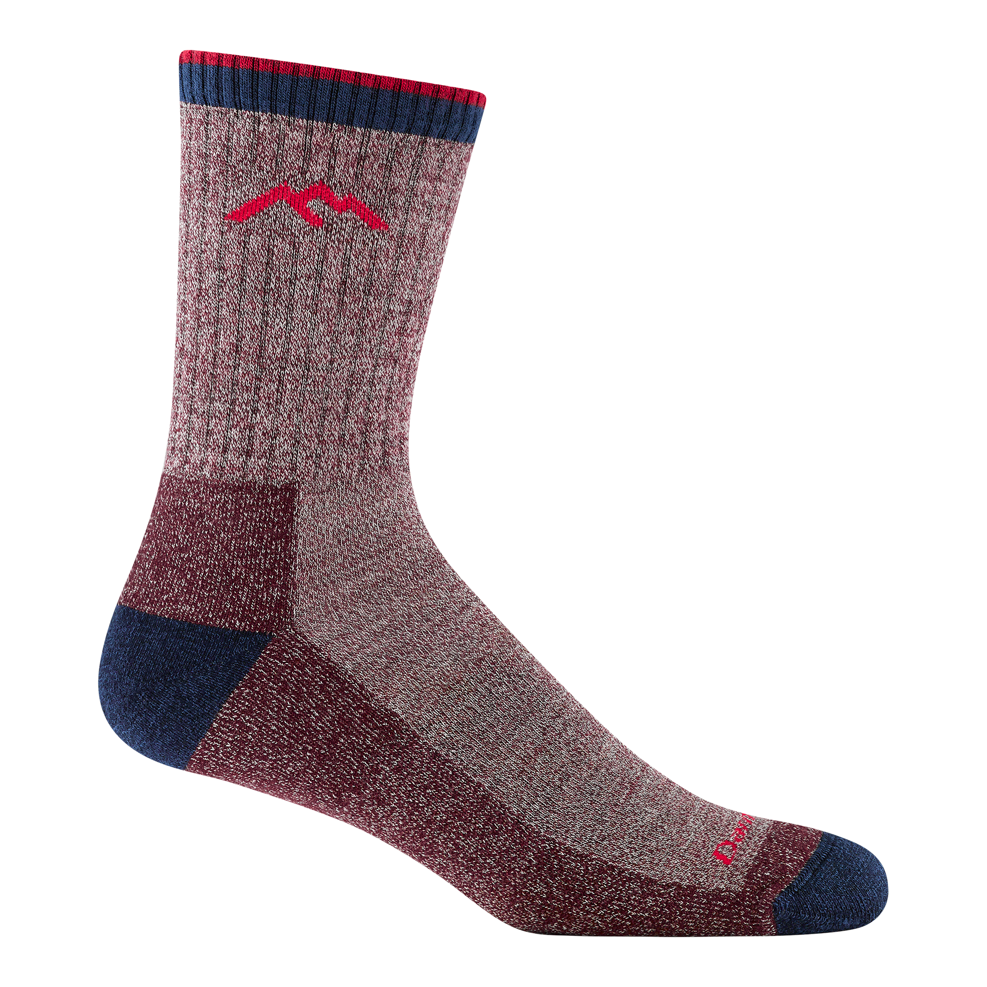 5266 Micro crew hiker in burgundy featuring navy heel/toe and red logo and mountain.