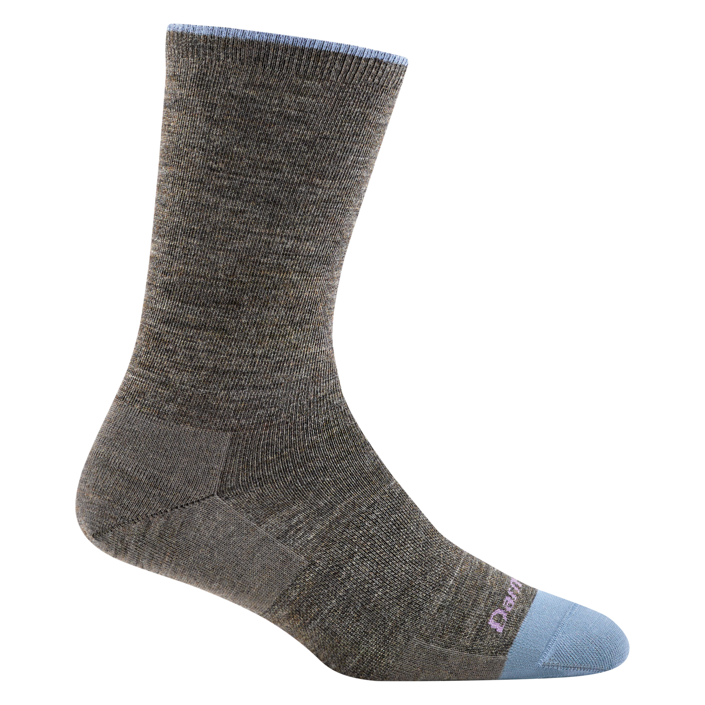 6012 women's solid basic crew lifestyle sock in taupe with light blue toe accent and pink darn tough logo on forefoot