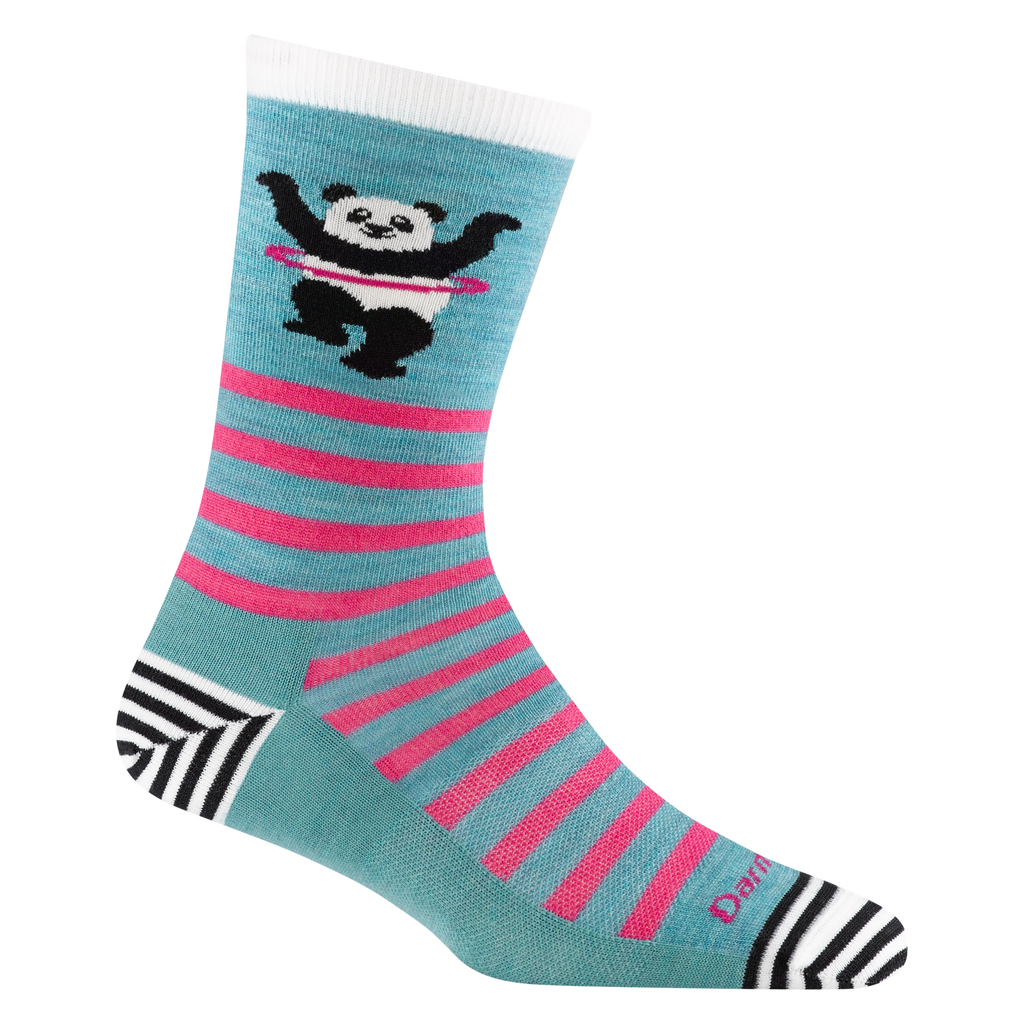 6037 women's animal haus crew lifestyle sock in lagoon with striped toe/heel accents and a panda using a hula hoop