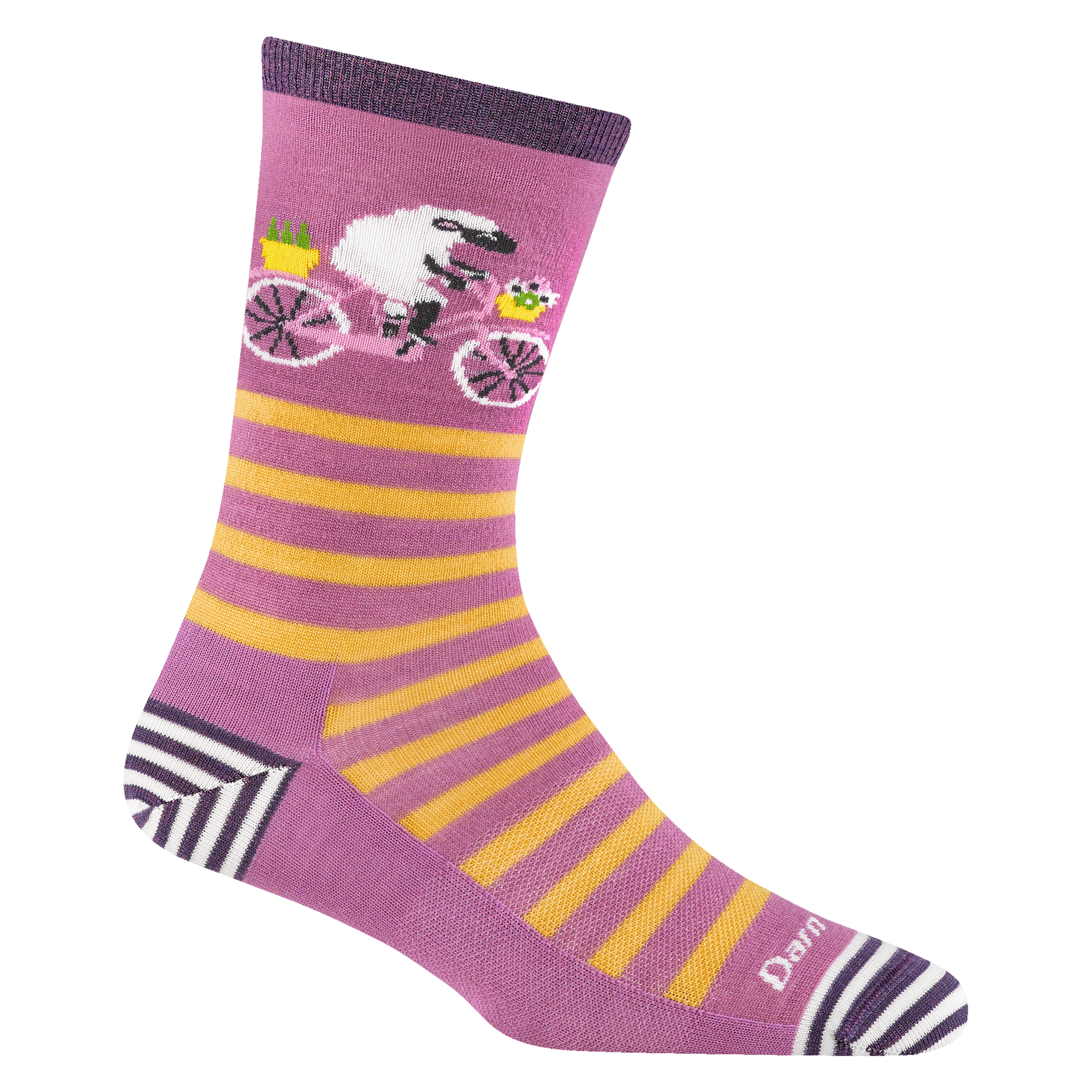 6037 women's animal haus crew lifestyle sock in lilac with striped toe/heel accents and a sheep riding a bike 