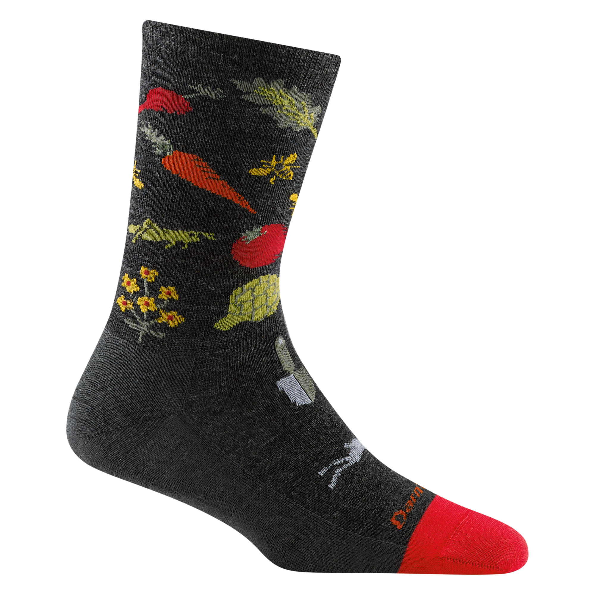 6054 women's farmer's market crew lifestyle sock in color charcoal gray with red toe accent and vegetable designs