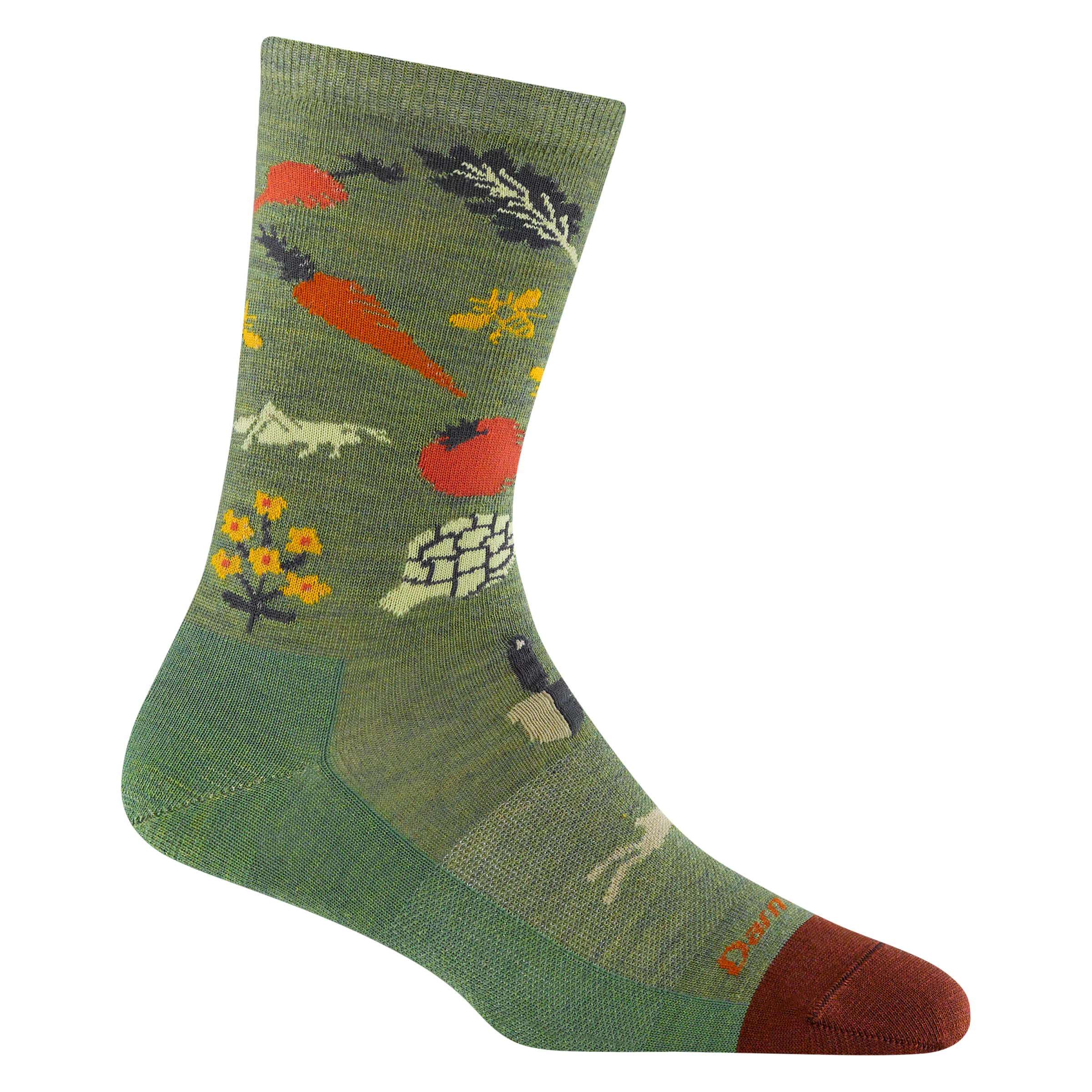 6054 women's farmer's market crew lifestyle sock in color willow with rust red toe accent and vegetable designs 