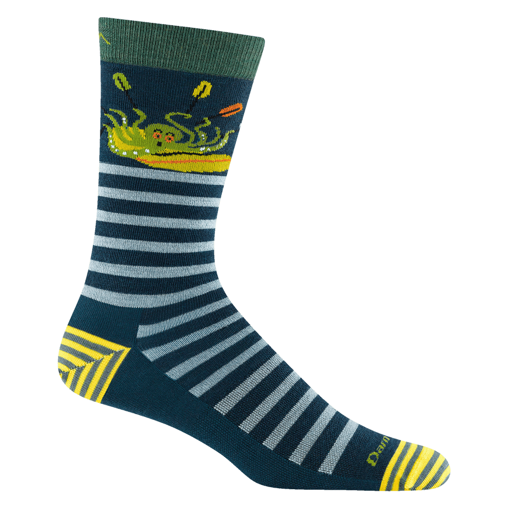 6066 men's animal haus crew lifestyle sock in dark teal with yellow striped toe/heel accents, octopus in a boat design