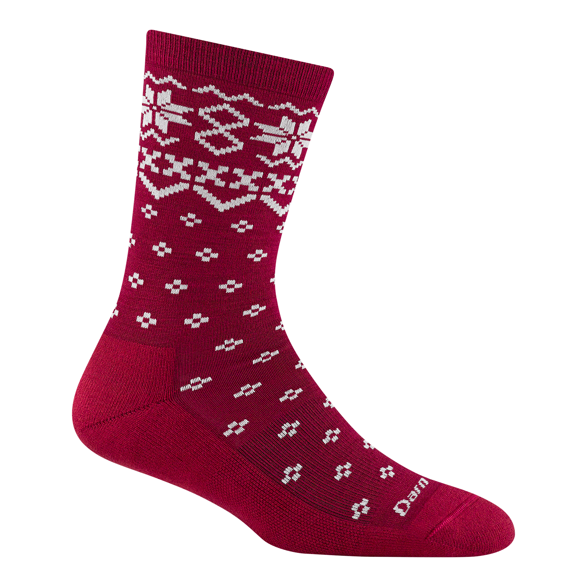 6088 women's shetland crew lifestyle sock in burgundy with white traditional holiday print on forefoot and ankle
