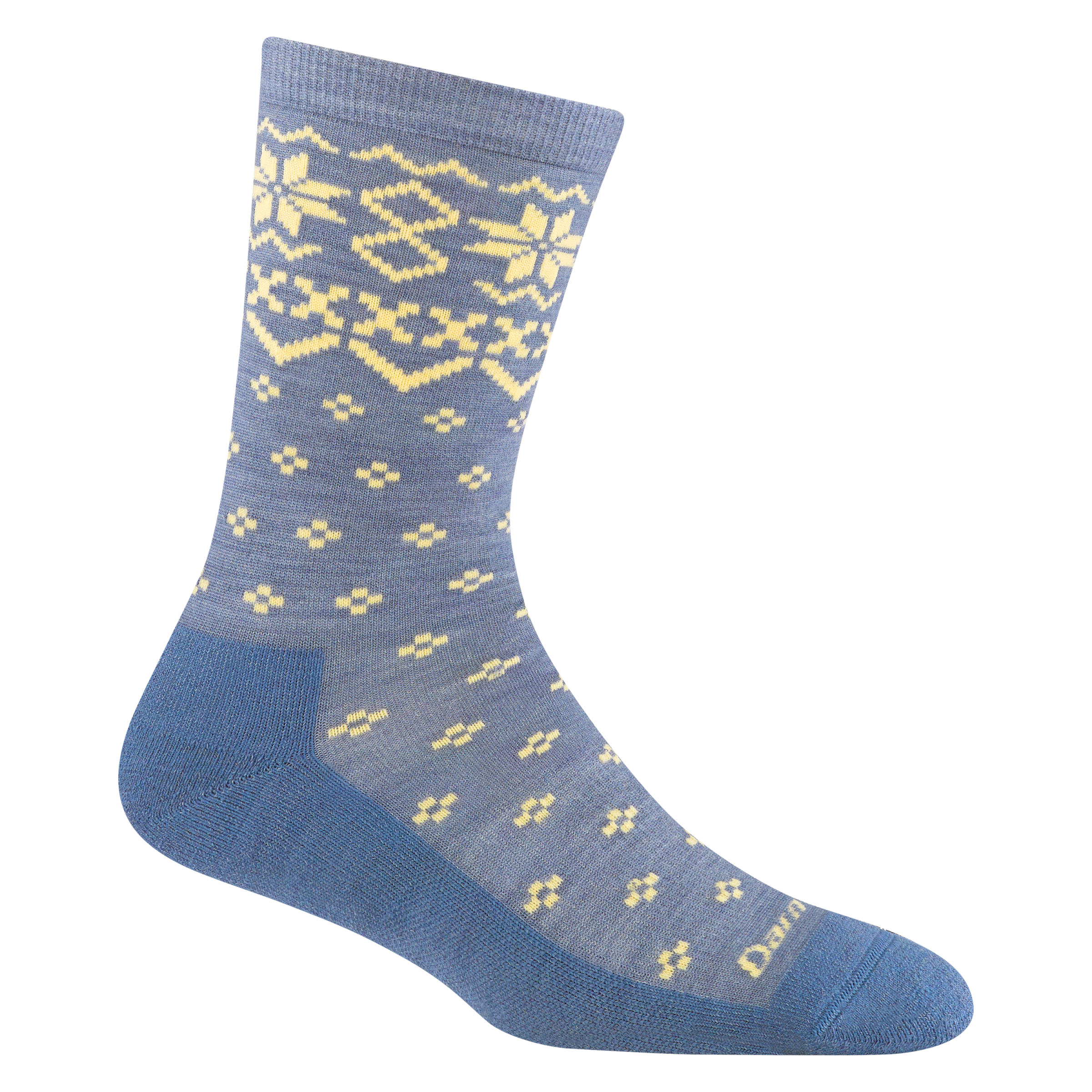 6088 women's shetland crew lifestyle sock in color light denim with cream traditional holiday print on forefoot and ankle
