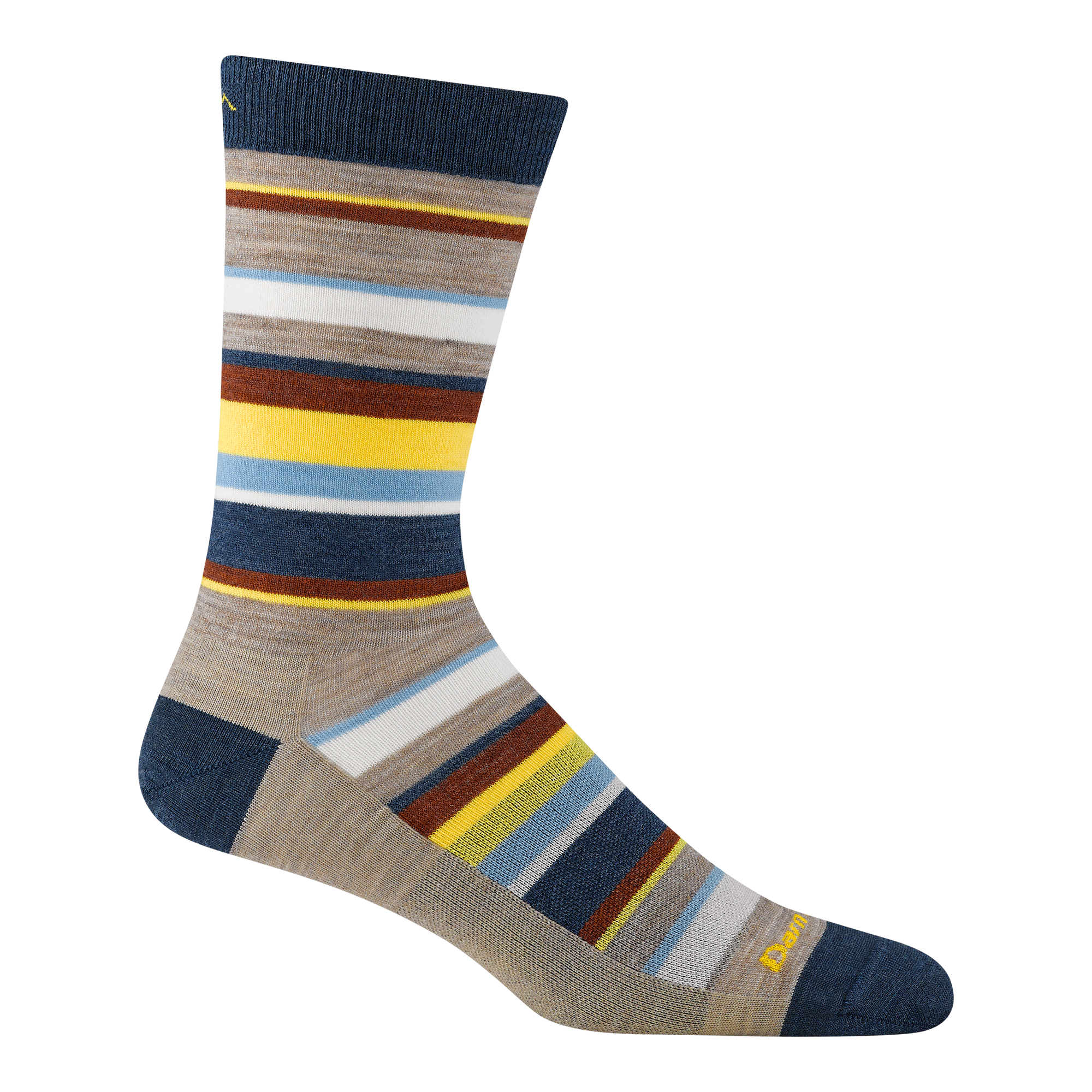 6090 Druid crew sock in Rye with an light brown body blue heel/toe/cuff with red/yellow/blue stripes along body. 