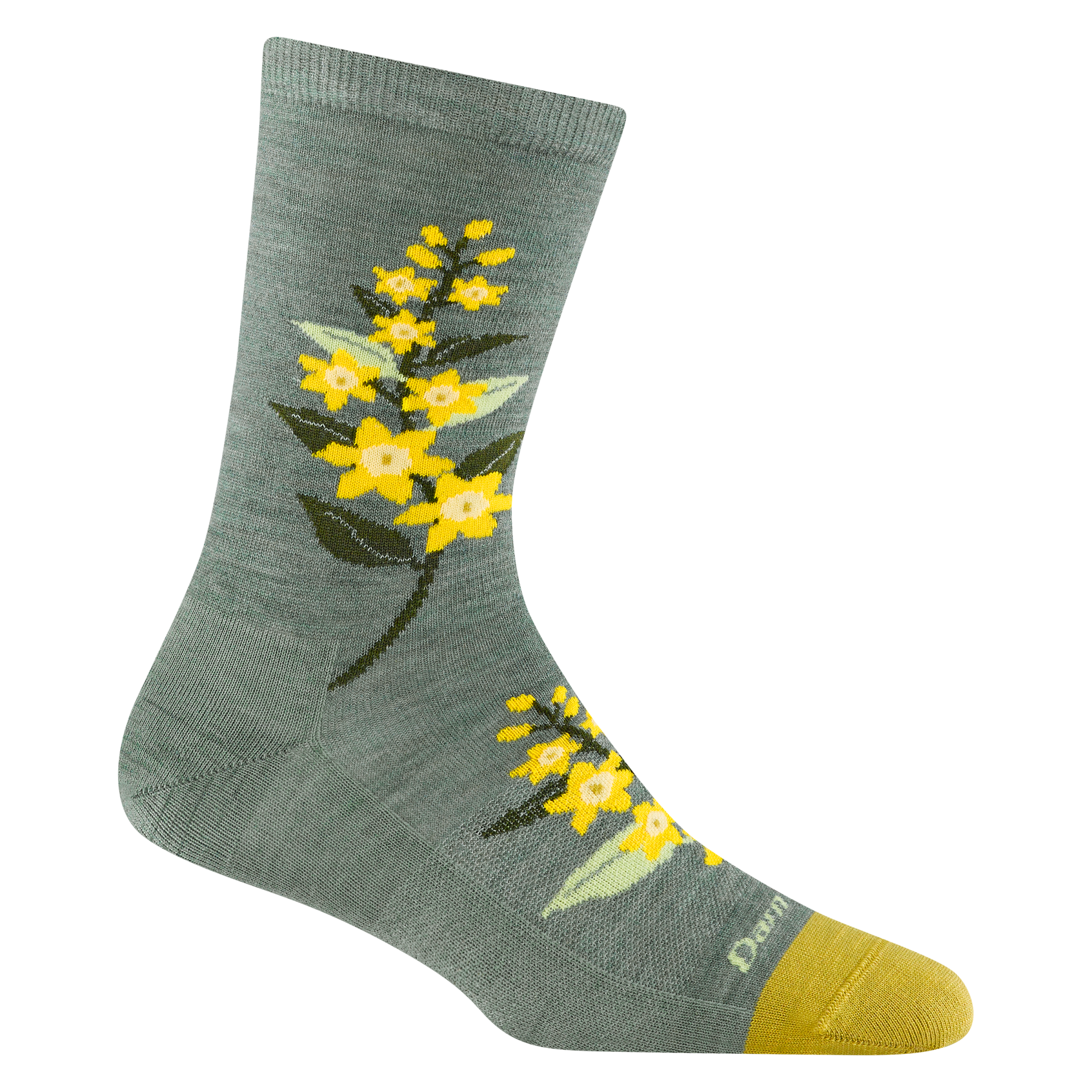 6104 women's blossom crew lifestyle socks in Seafoam with yellow  toe accent with yellow and green flower details 