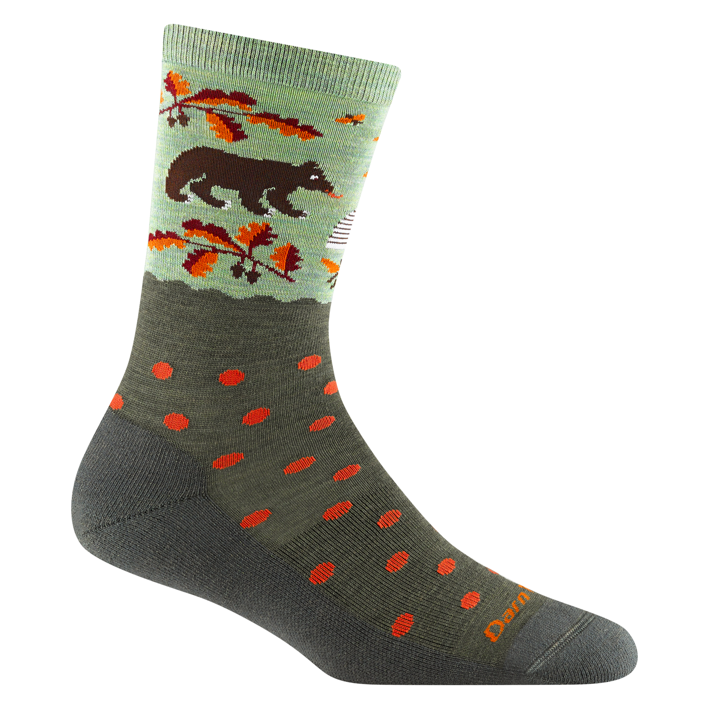 6105 women's wild life micro crew lifestyle sock in forest green with bear walking towards a bee hive