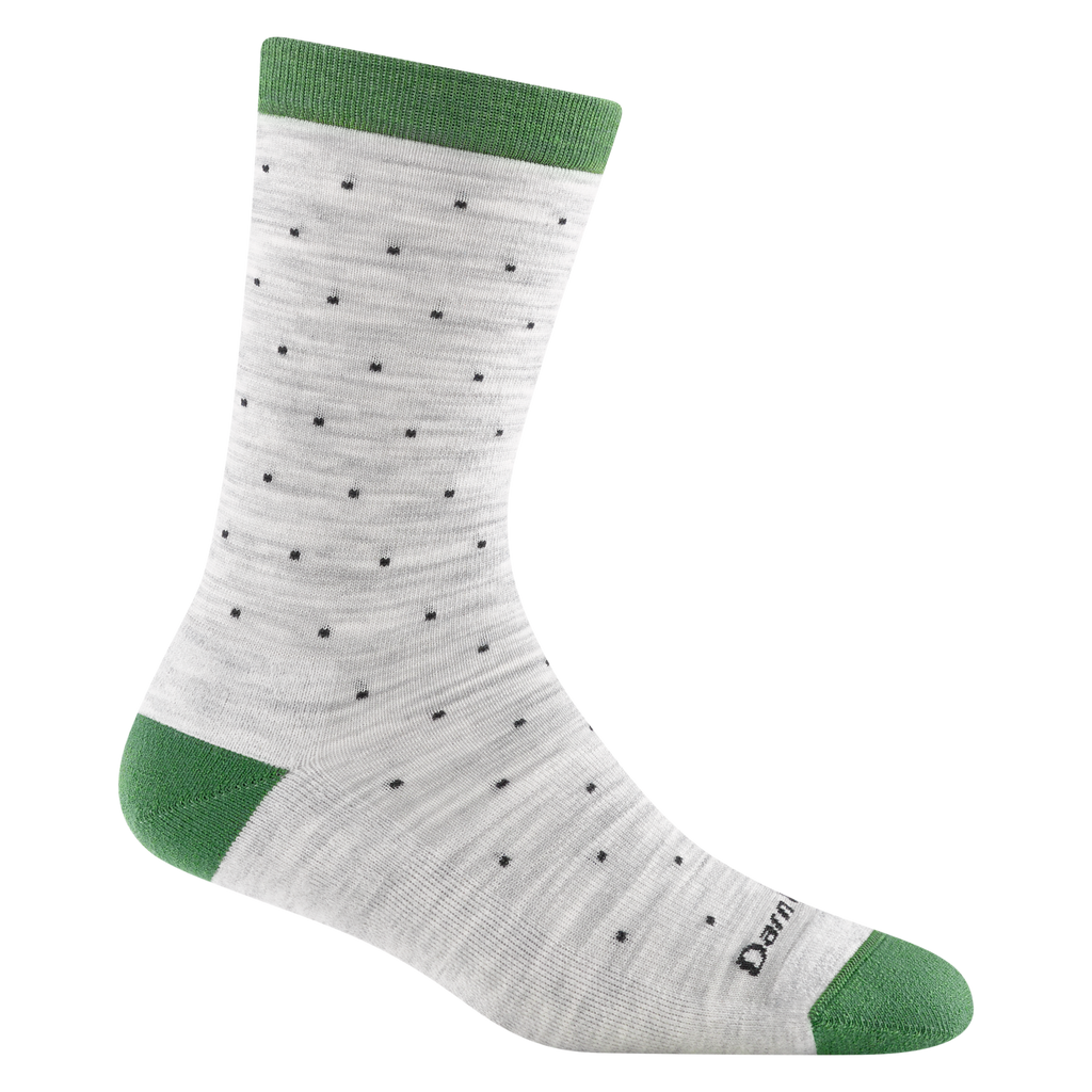 6110 Pin Drop Crew in ash featuring a green heel/toe/cuff gray body with black pin drops all over it 