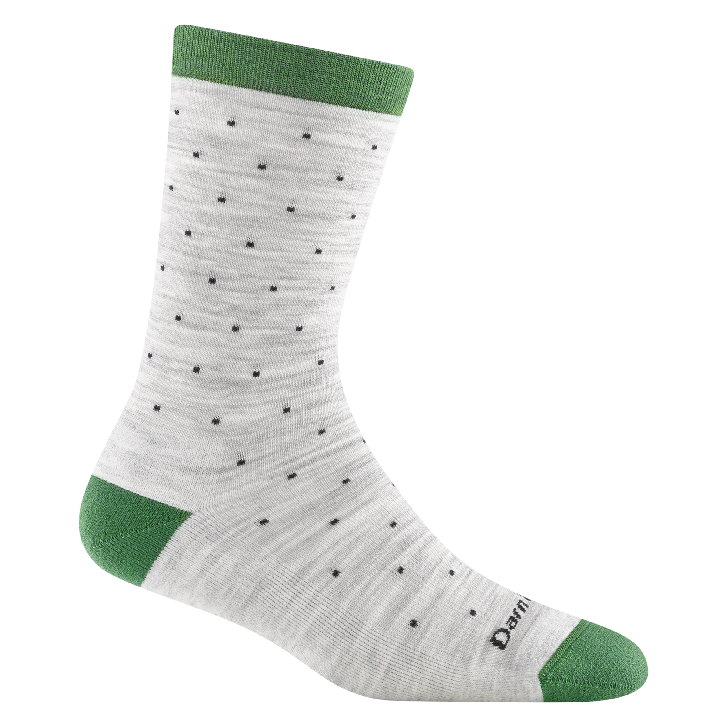 6110 Pin Drop Crew in ash featuring a green heel/toe/cuff gray body with black pin drops all over it 
