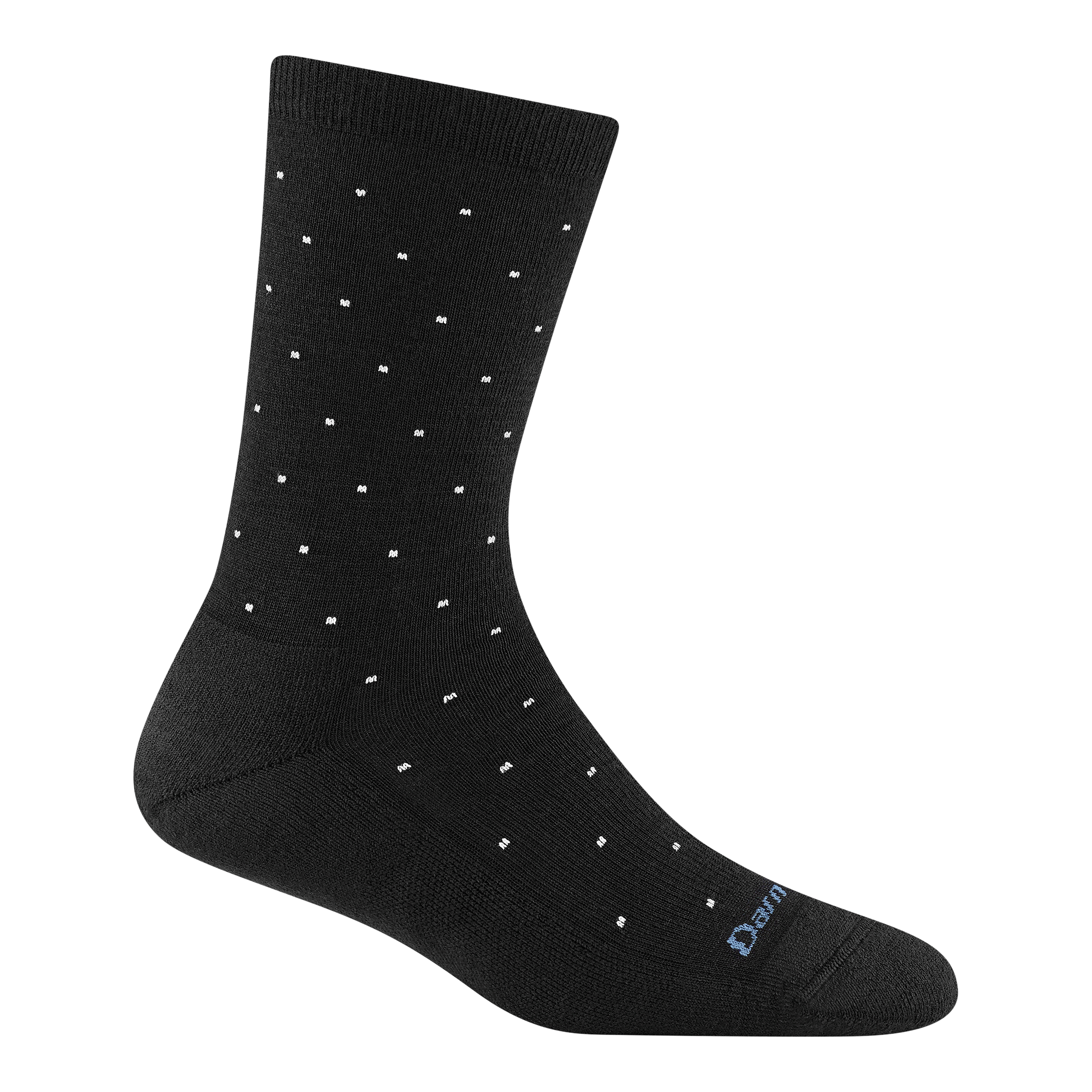 6110 Pin Drop crew in Black featuring a black body and white dot all over with a light blue logo