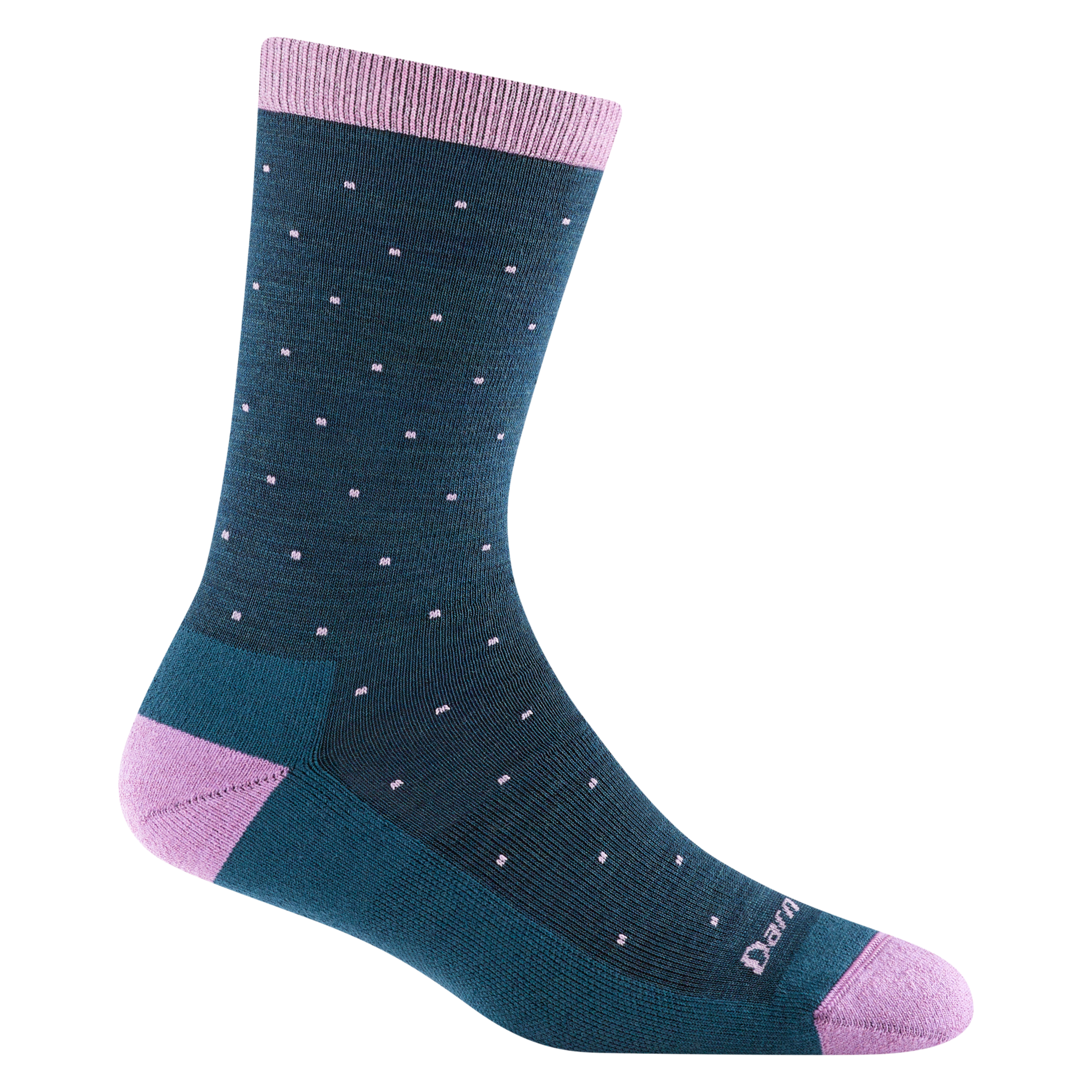 6110 Pin Drop Crew in dark teal featuring a pink heel/toe/cuff dark teal body with pink pin drops all over it 