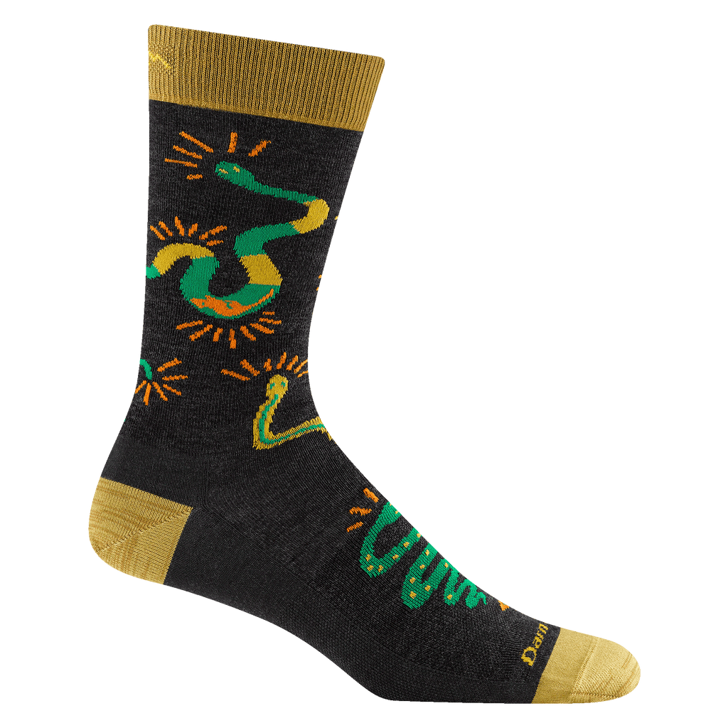 6119 Men's field guide crew lightweight lifestyle sock featuring black body yellow heel/toe with snakes over the body 