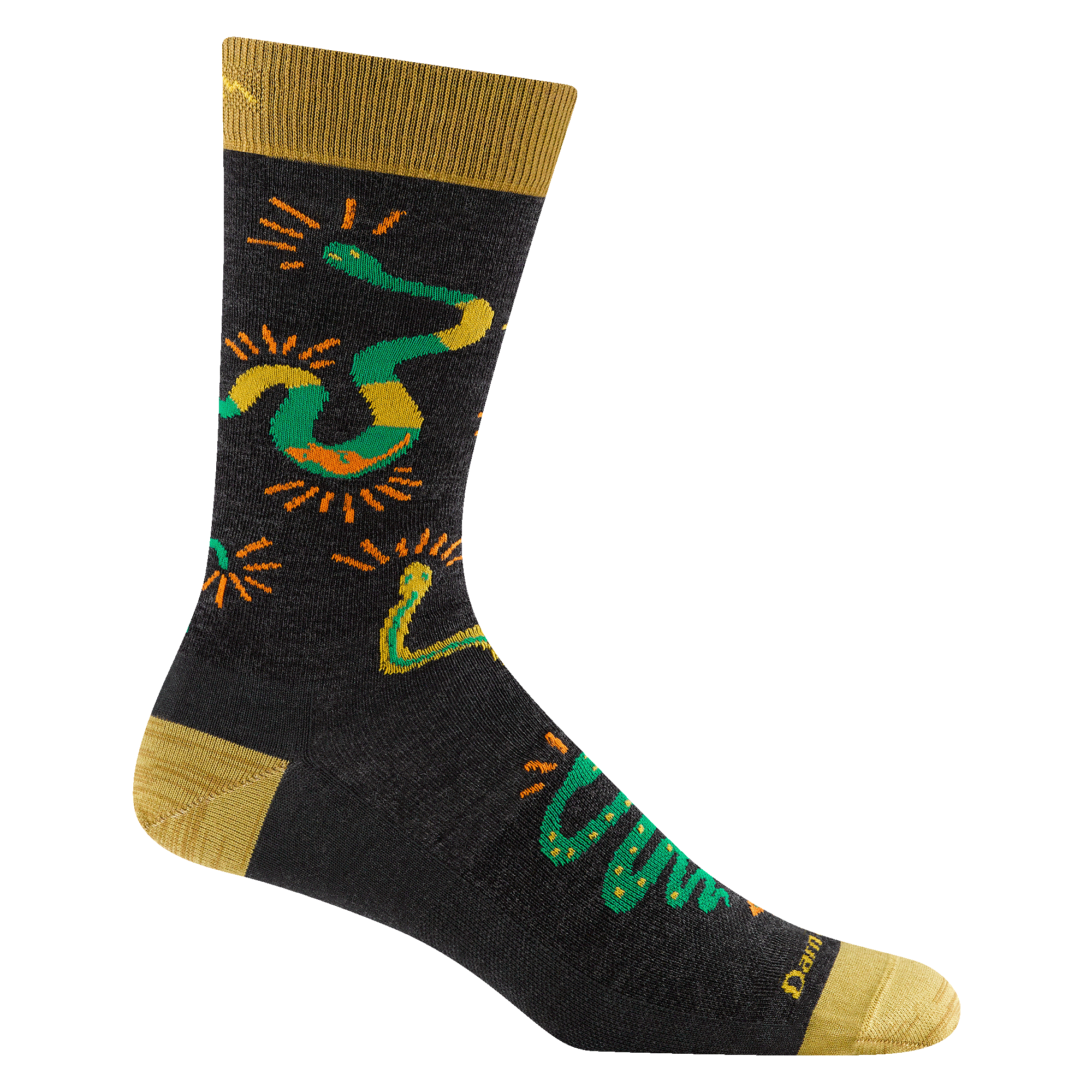 6119 Men's field guide crew lightweight lifestyle sock featuring black body yellow heel/toe with snakes over the body 
