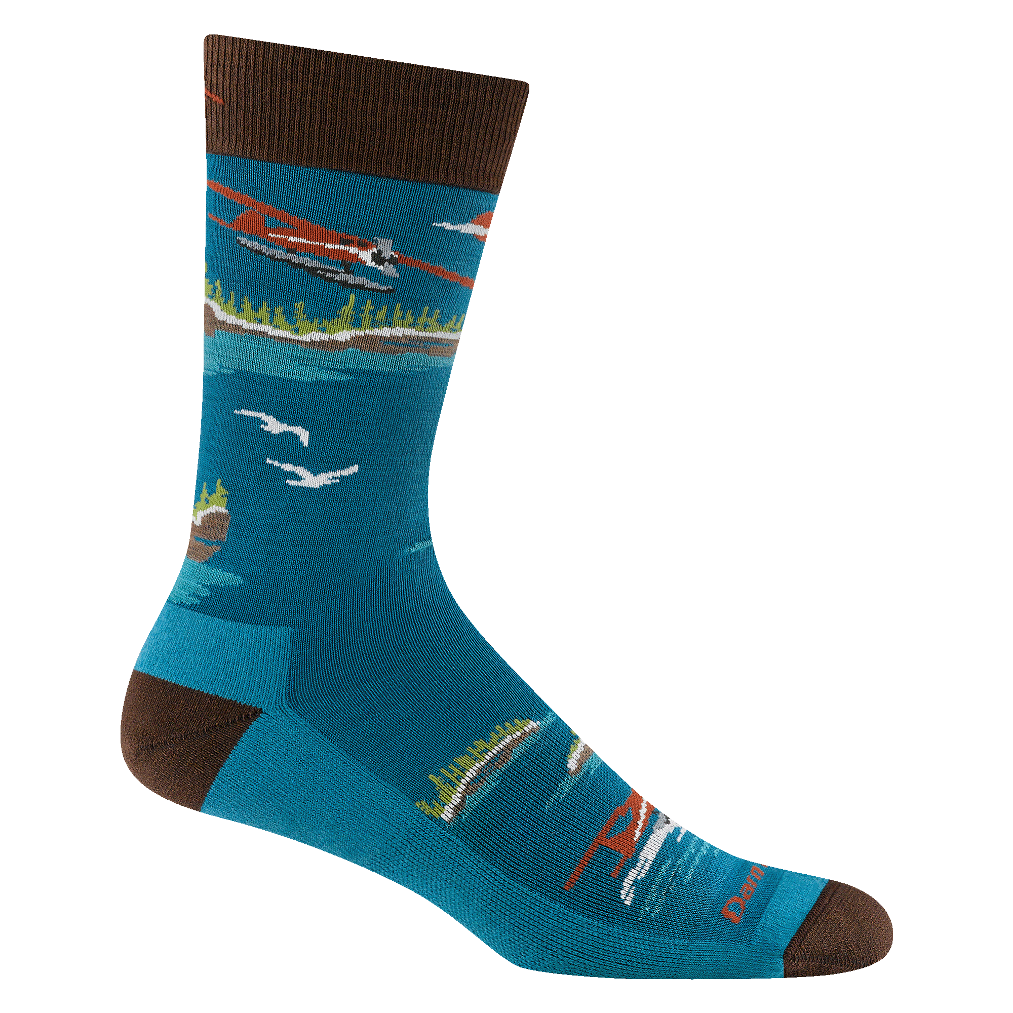 6120 men's float boat crew lightweight lifestyle sock in cascade featuring seaplanes design, blue body and brown heel/toe/cuff