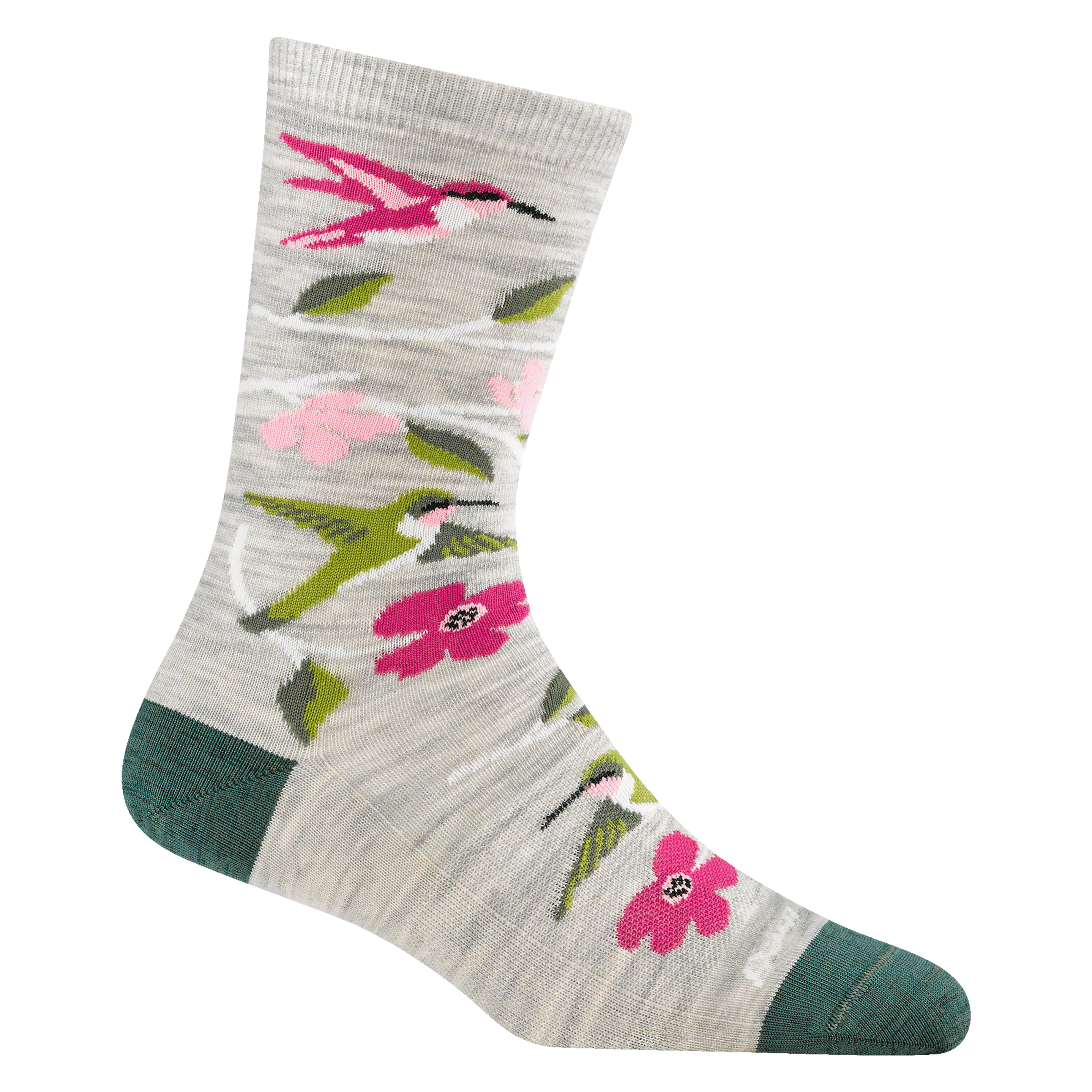 6121 birds of a feather crew lightweight lifestyle in ash featuring hummingbirds and flowers with gray body and green heel/toe
