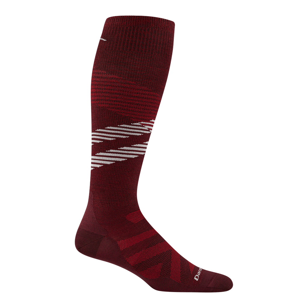 8002 men's pennant RFL over-the-calf ski sock in burgundy with black chevron forefoot and white and red stripes across calf 