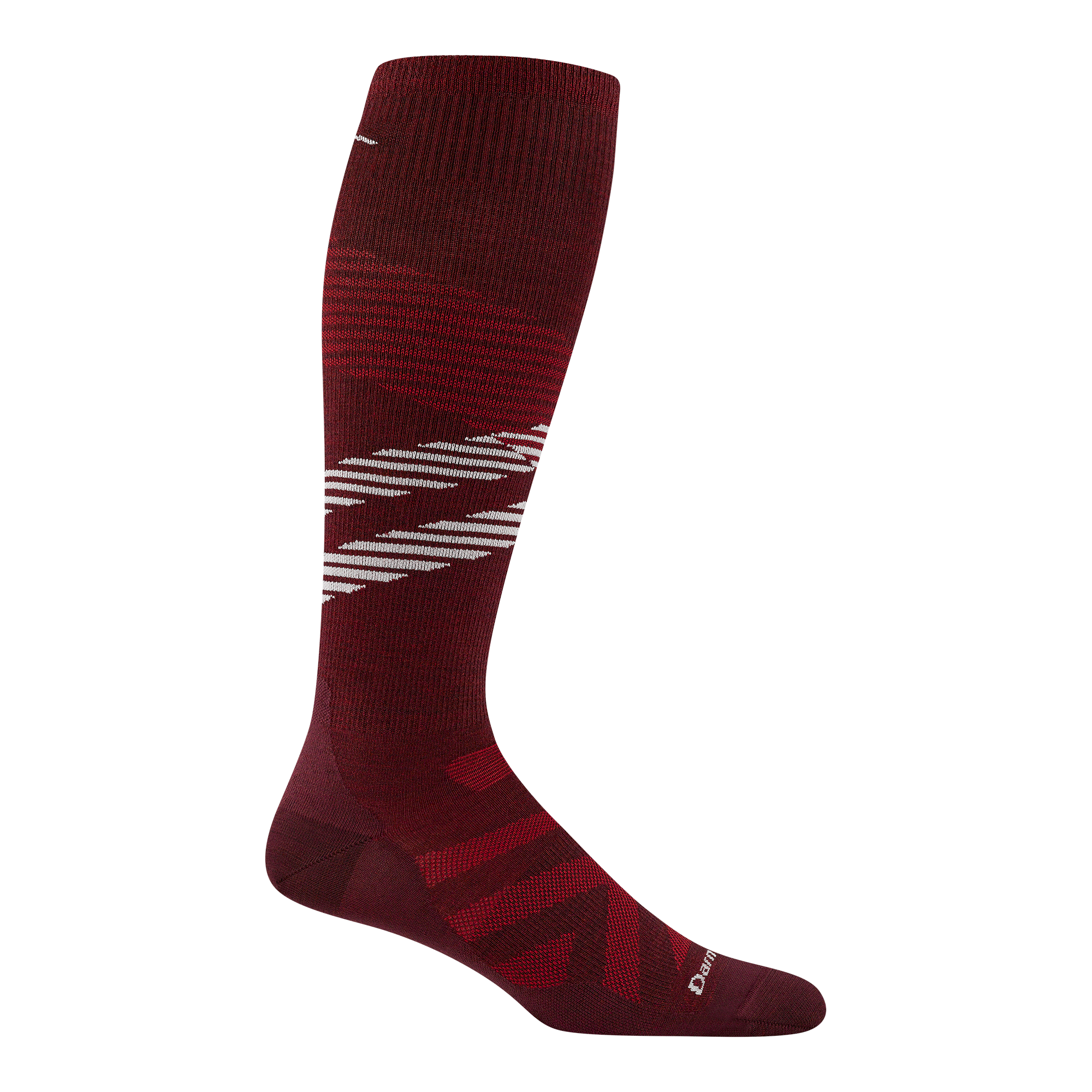 8002 men's pennant RFL over-the-calf ski sock in burgundy with black chevron forefoot and white and red stripes across calf 